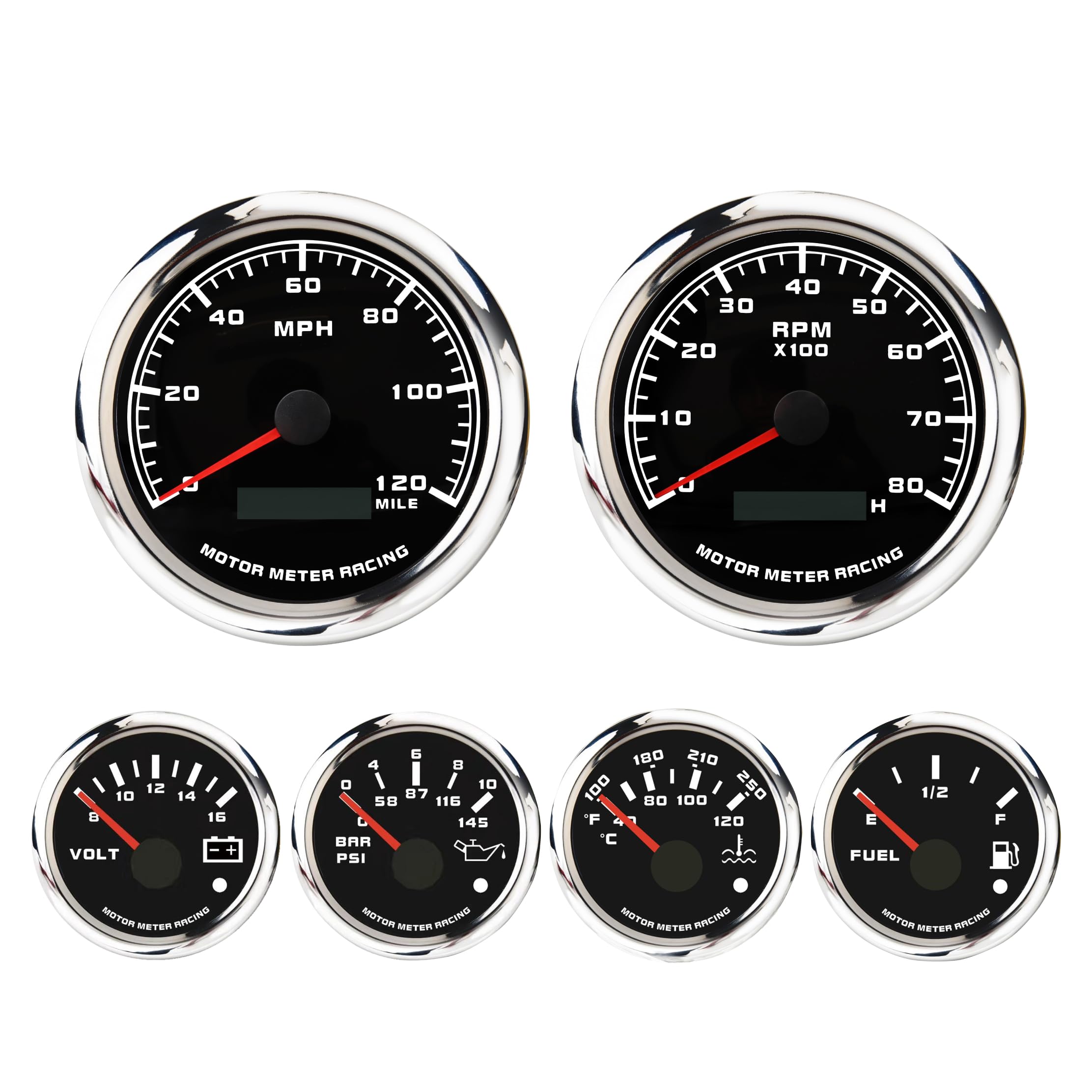 MOTOR METER RACING W PRO Series 6 Gauge Set - 85mm 3-3/8 GPS Speedometer & Tachometer 52mm 2-1/16 Volt, Fuel Level, Water Temper