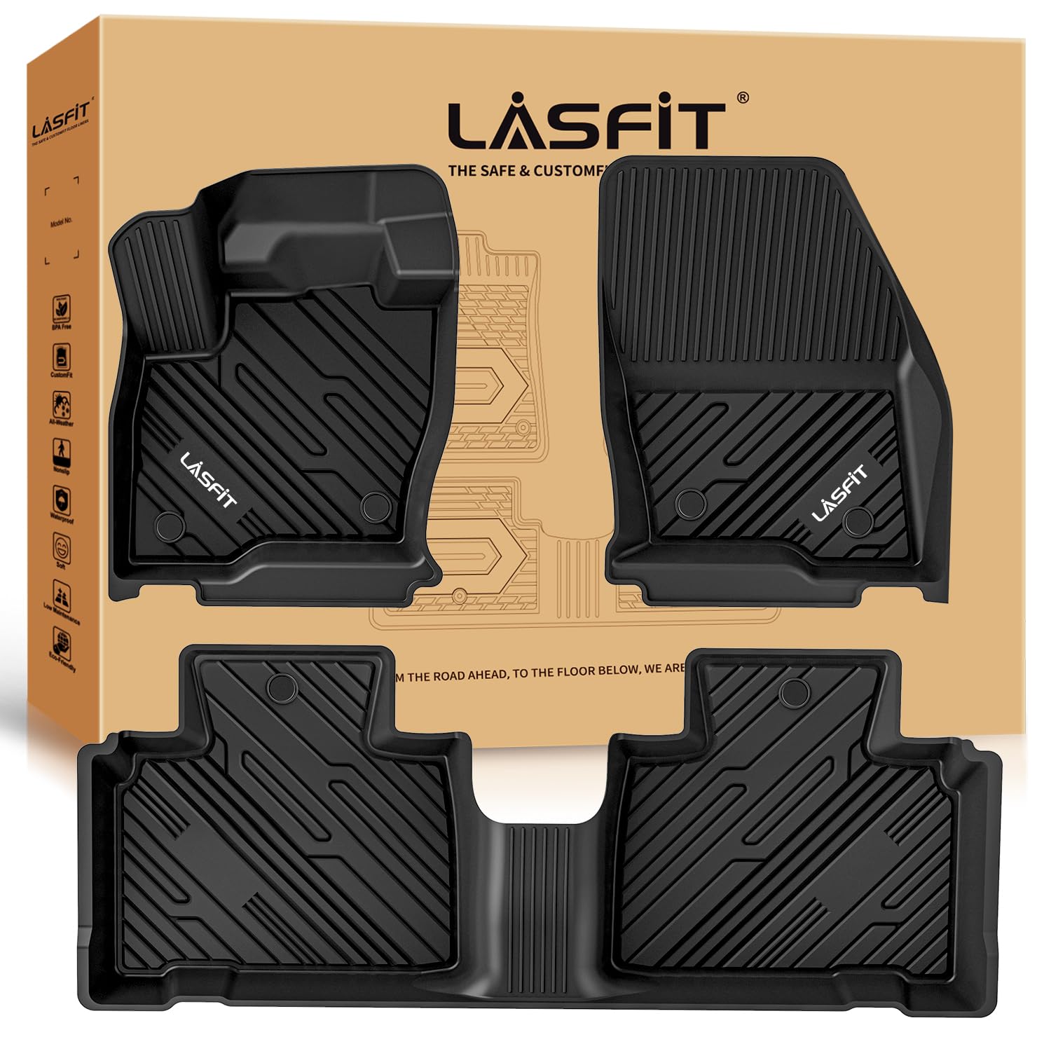 Lasfit Floor Mats Fit For Ford Series All Weather Tpe Car Liners (2015-2024 |Ford Edge| 1St & 2Nd Row)