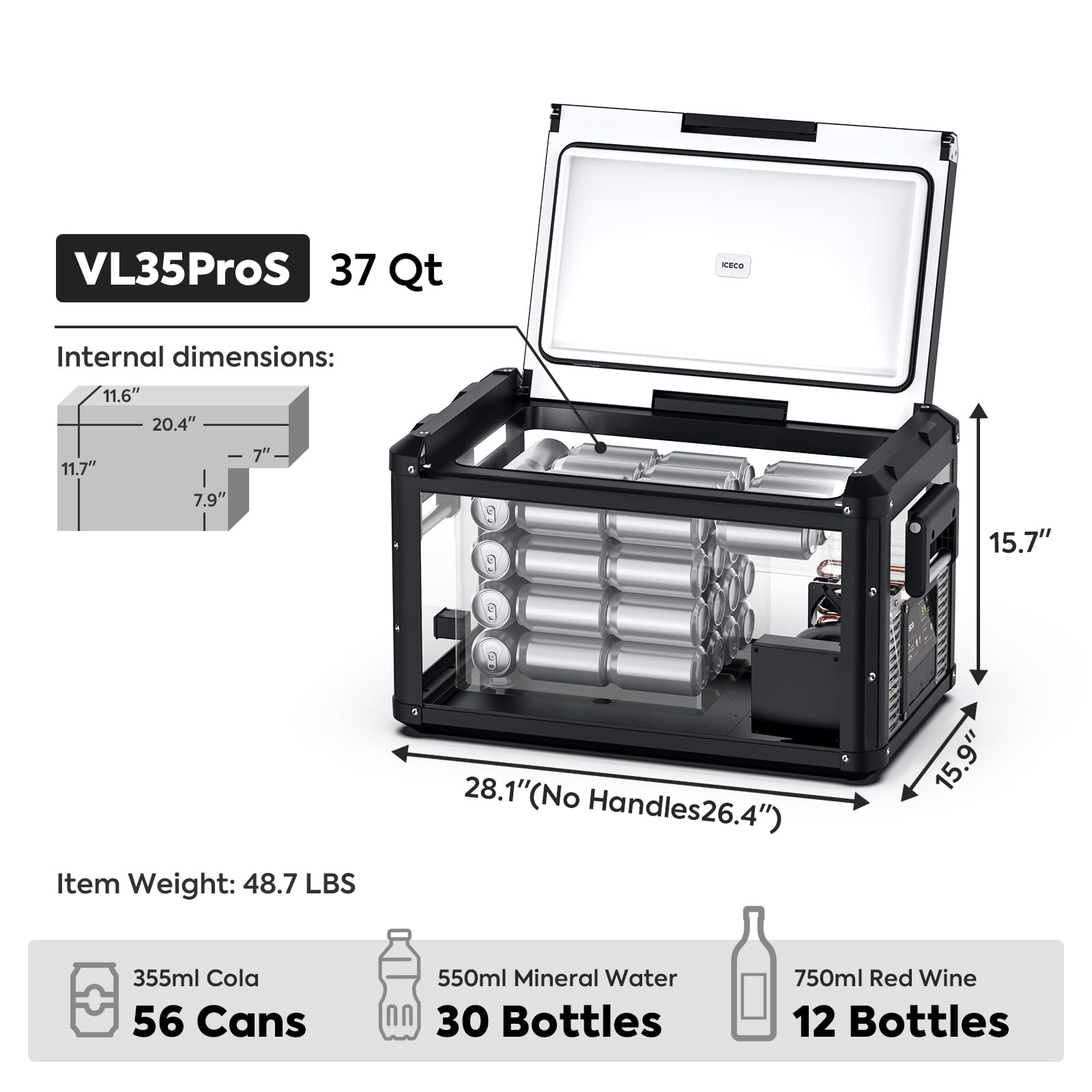 Iceco Vl35 Pros 35 Liters Portable Refrigerator, Multi-Directional Lid, Dual Usb & Dc 12/24V, Ac 110-240V, Steel Compact Refrige