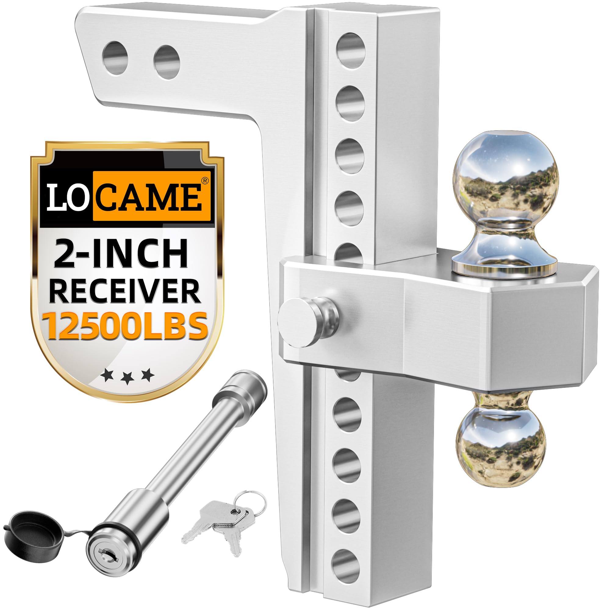 LOCAME Adjustable Trailer Hitch, 10-Inch Drop, Aluminum, 12,500 LBS GTW, Fits 2-Inch Receiver, Silver, Model LC0005