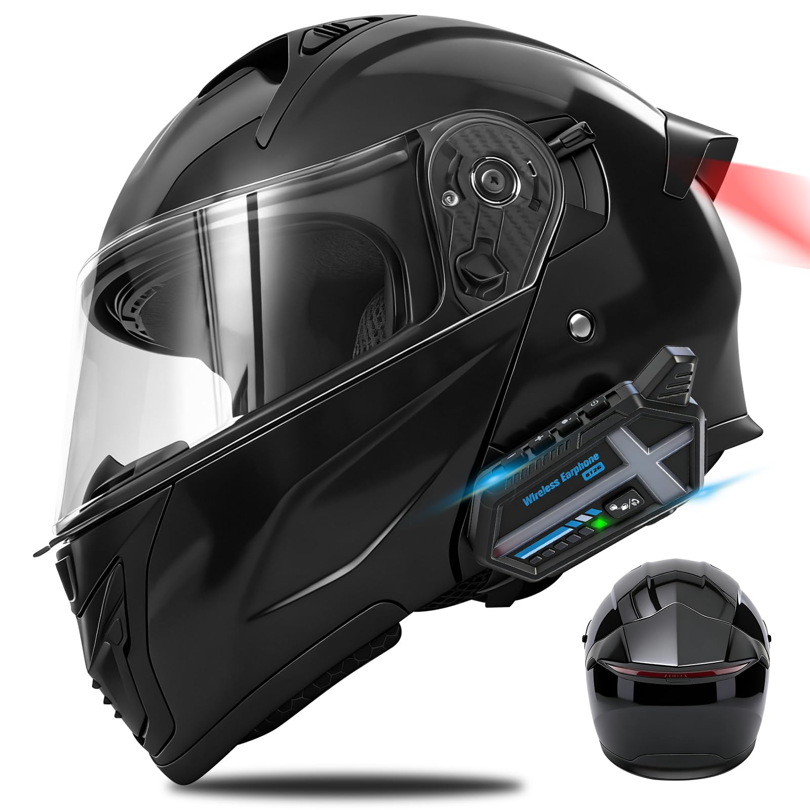 Bluetooth Modular Motorcycle Helmets with Tail Lights, DOT Approved Flip Up Full Face Motorcycle Dual Visor Helmet, with Dual Sp