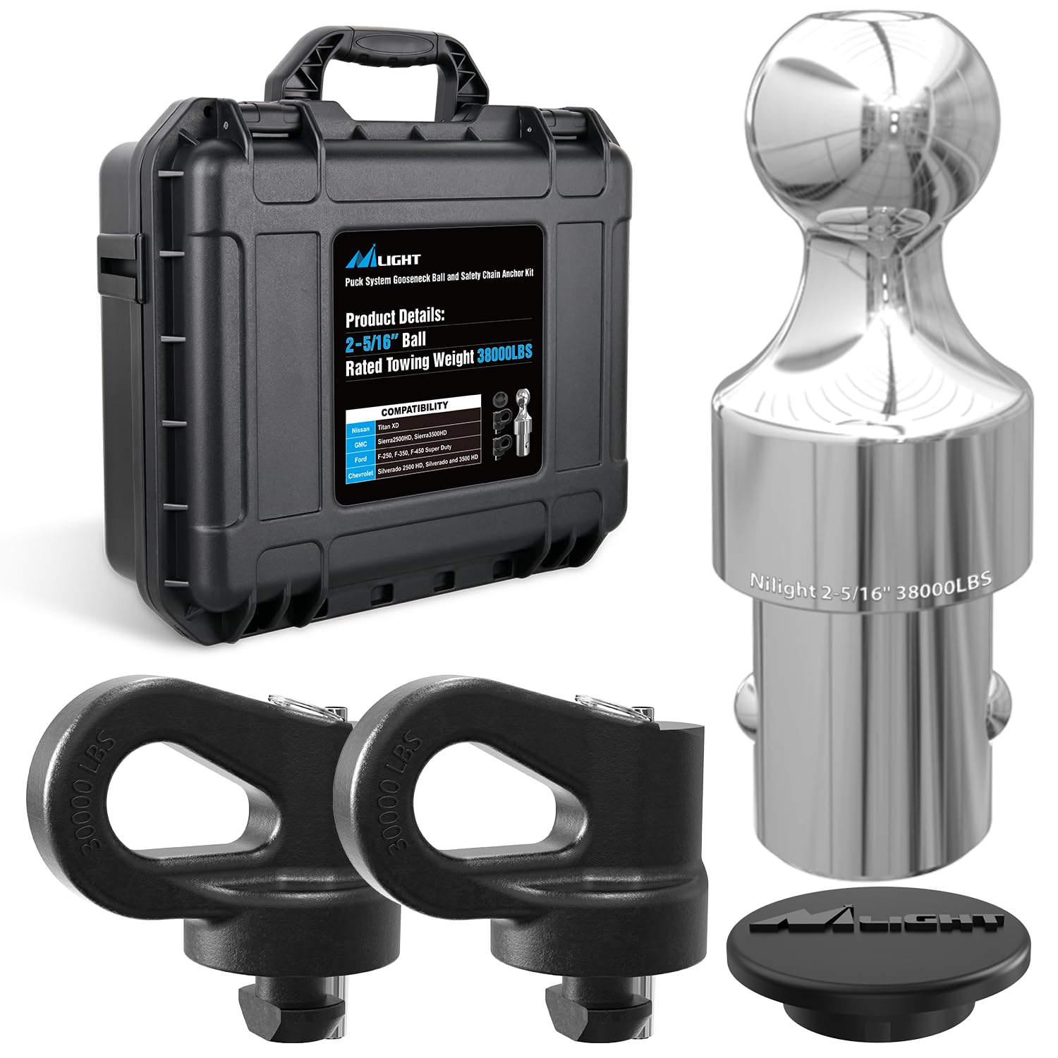 Nilight Puck System Gooseneck Hitch Kit (60692) With 2-5/16    Ball Of 38000Lbs Gtw And Chain Anchor Of 30000Lbs Gtw Fit For Che