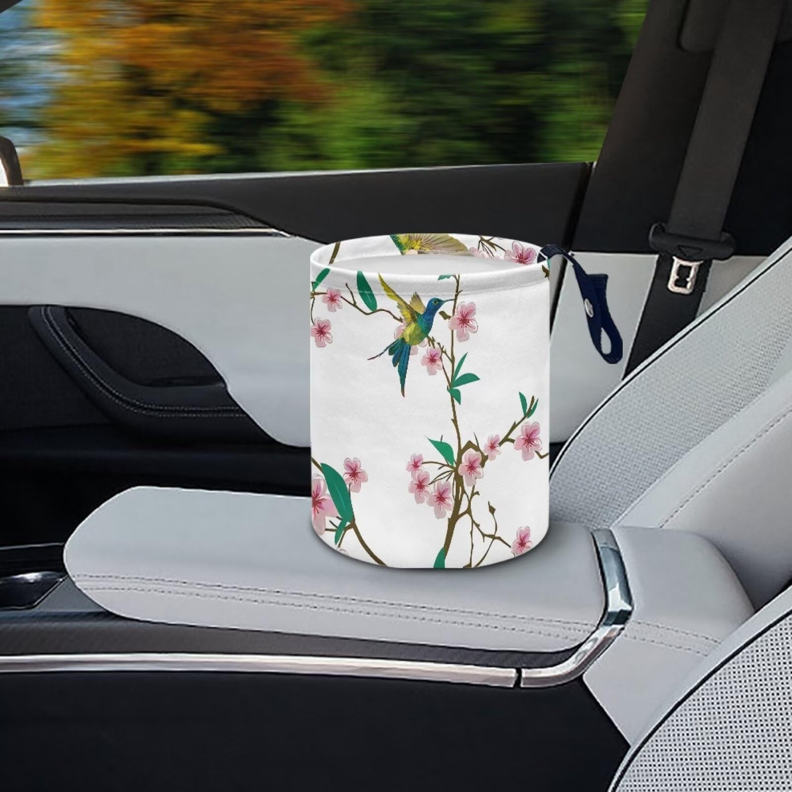 Brosoneto Car Trash Can Pink Cartoon Cherry Blossom Reusable Portable Car Garbage Bin Easy to Clean Collapsible Waste Multipurpo