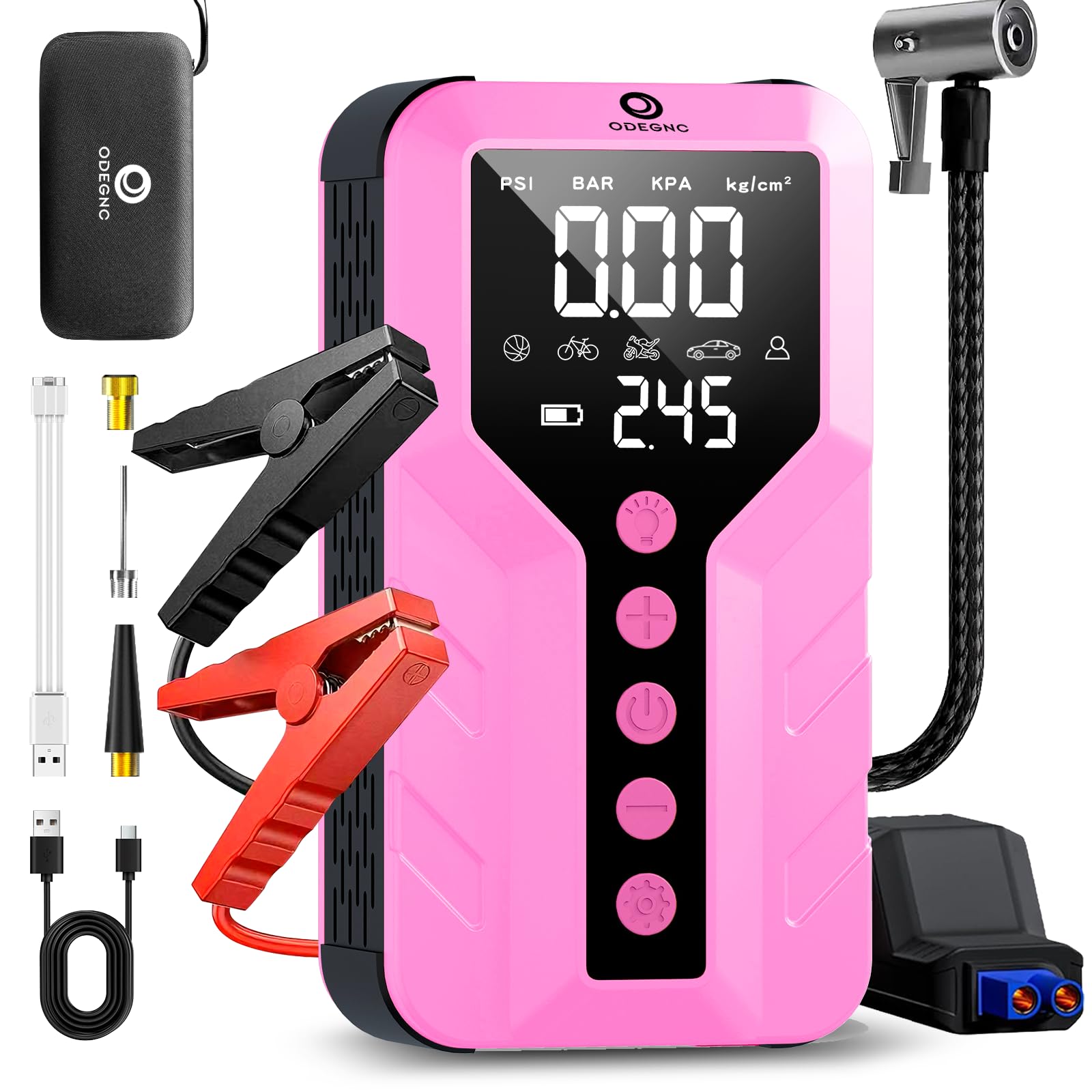 ODEGNC Jump Starter with Air Compressor for All-Terrain Vehicles, Deep Pink, Lithium Ion, 12 Volts, 6000 Amps Peak, 25000mAh