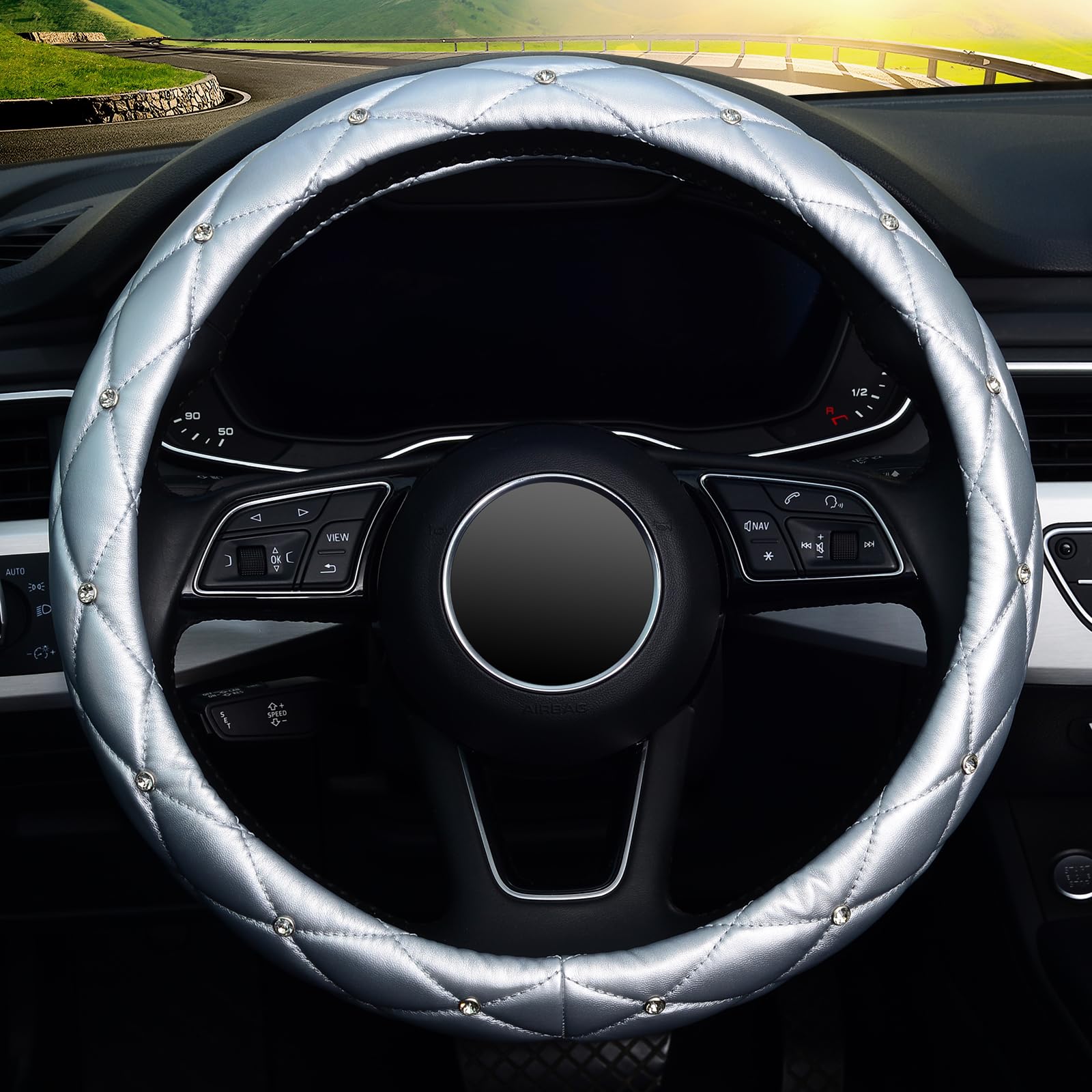 Kafeek Diamond Soft Leather Steering Wheel Cover With Bling Bling Crystal Rhinestones, Universal 15 Inch, Silver