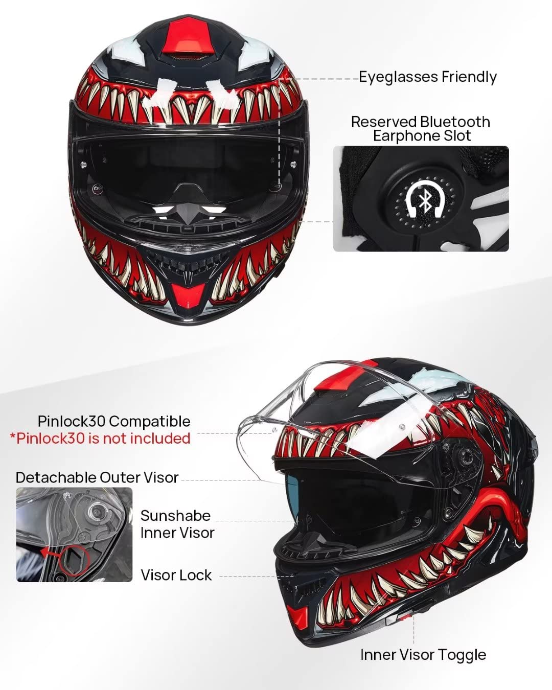 ILM Full Face Motorcycle Helmet 861A, Large, ABS, Dual Visor, Pinlock Compatible, TheNight Color, DOT Certified for Men & Women