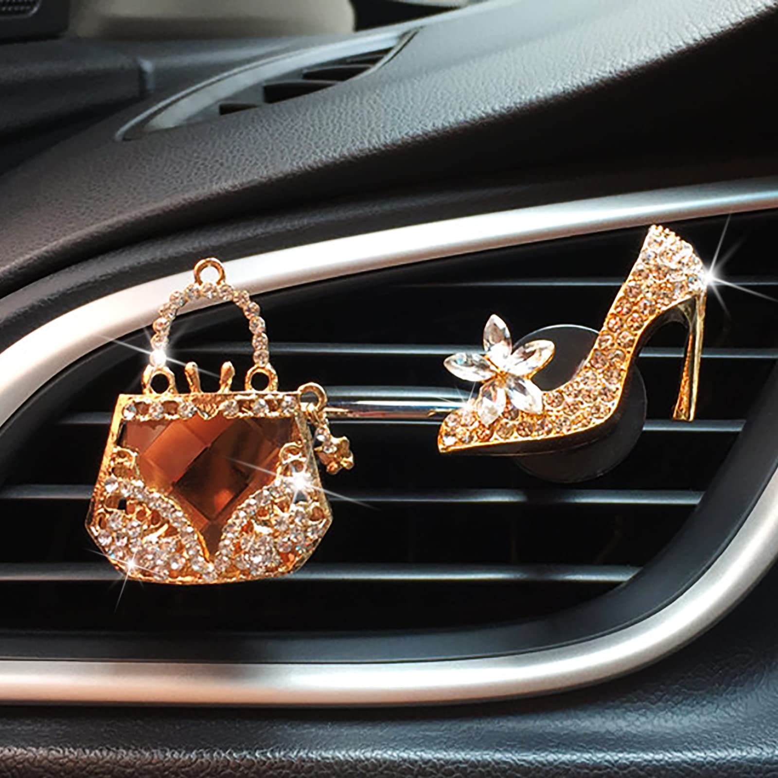 2 Pieces Crystal High Heel Shoe And Magic Bag Air Vent Clips Rhinestone Car Air Freshener Clip Bling Car Clip Gift Decorations C