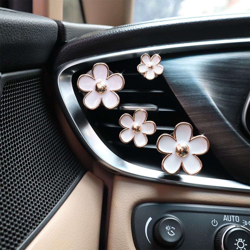 4Pcs Flowers Car Air Freshener Vent Clips Cute White Daisy Flower Car Accessories For Women With Lavender Scent