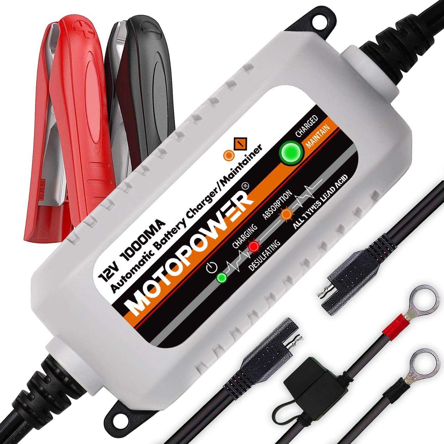 MOTOPOWER MP00205B 12V 1000mA Automatic Battery Charger & Maintainer - Grey