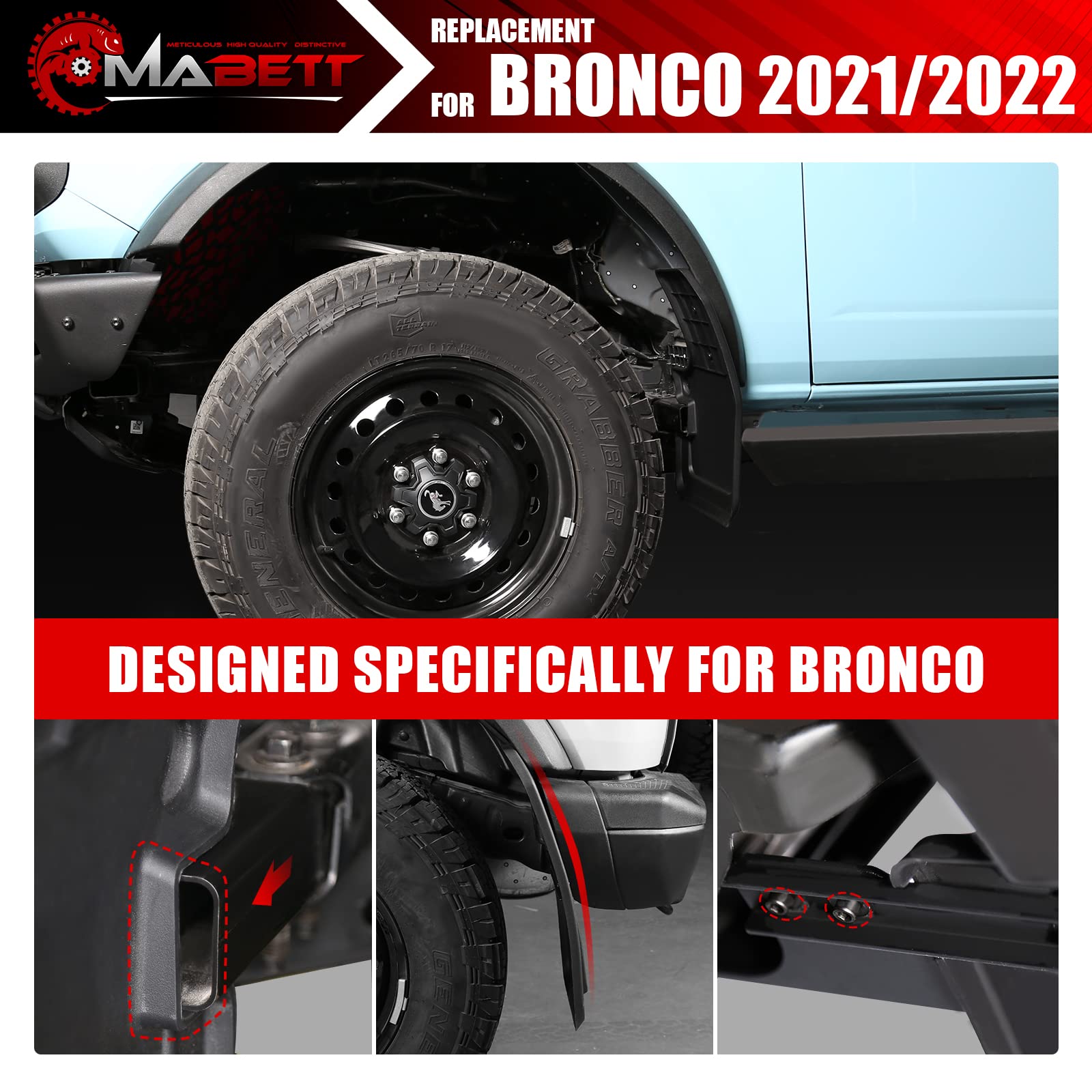 Mabett Mud Flaps for Ford Bronco 2021-2023, 2PCS Front, ABS Material, No Punching Required