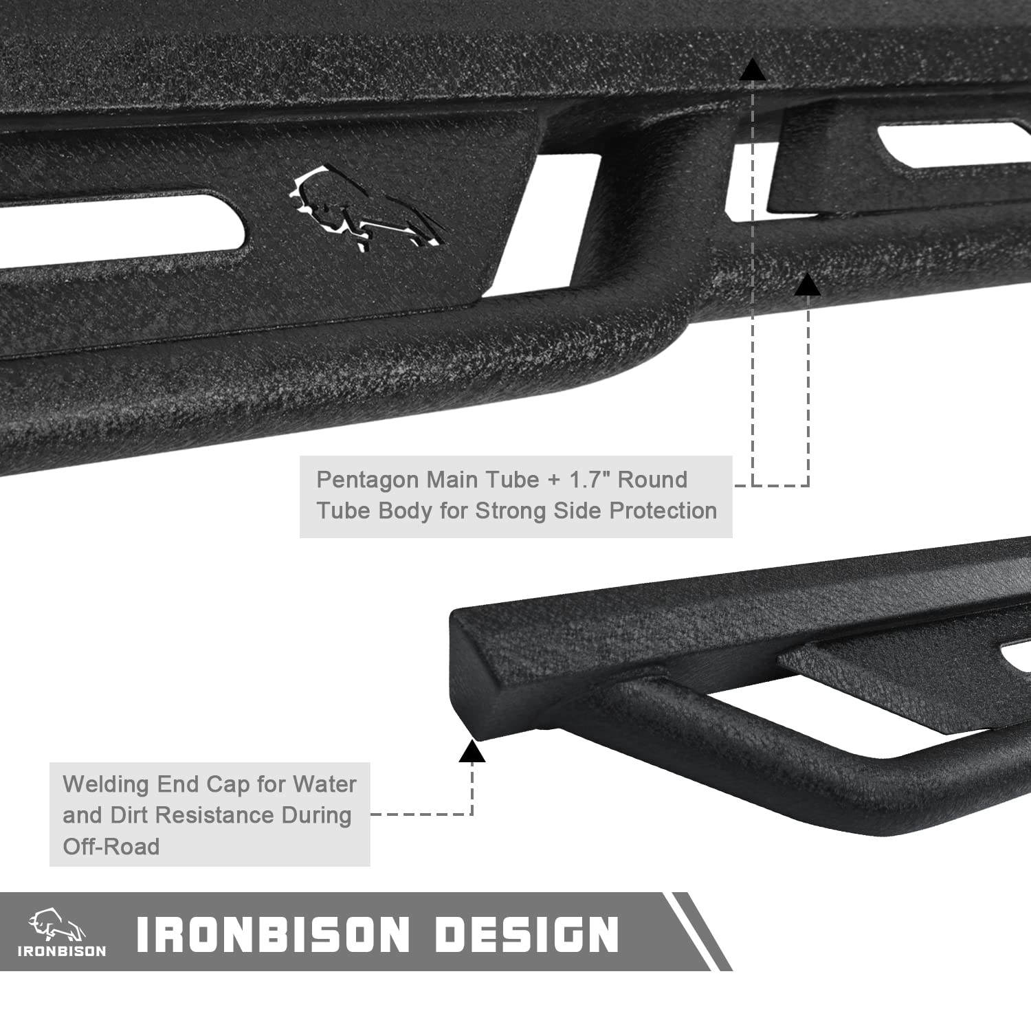 IRONBISON Running Boards for 2019-2024 Chevy Silverado/GMC Sierra 1500, 2500, 3500 - Heavy Texture Black Alloy Steel Nerf Bars