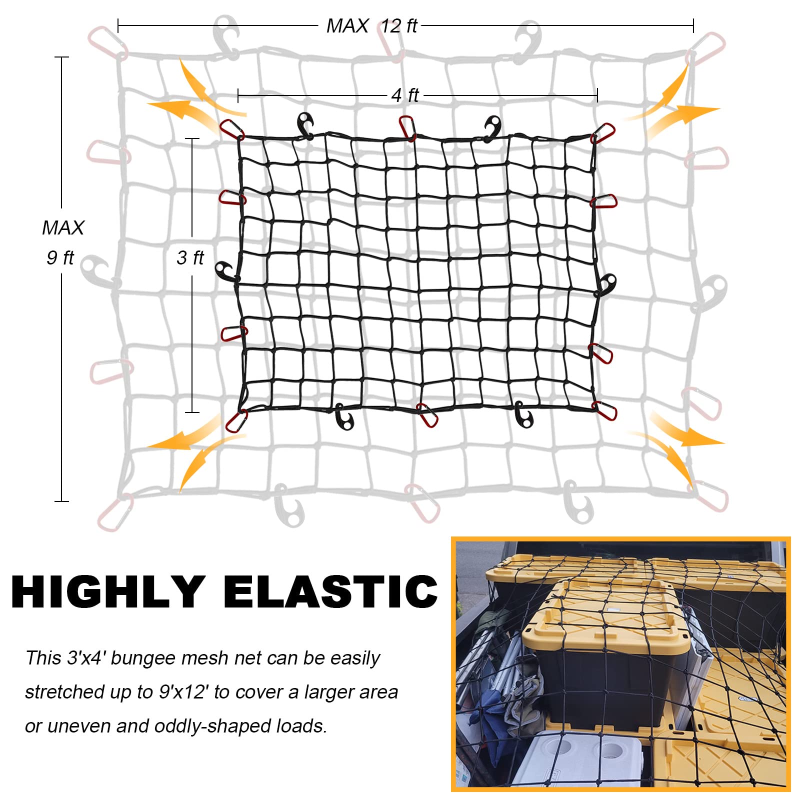Gspscn Cargo Net 3' X 4' For Truck Pickup Bed, Trailer,Boat,Rv Suv Stretches To 9'X12' Max Roof Rack Net,Small 4   X4    Mesh He