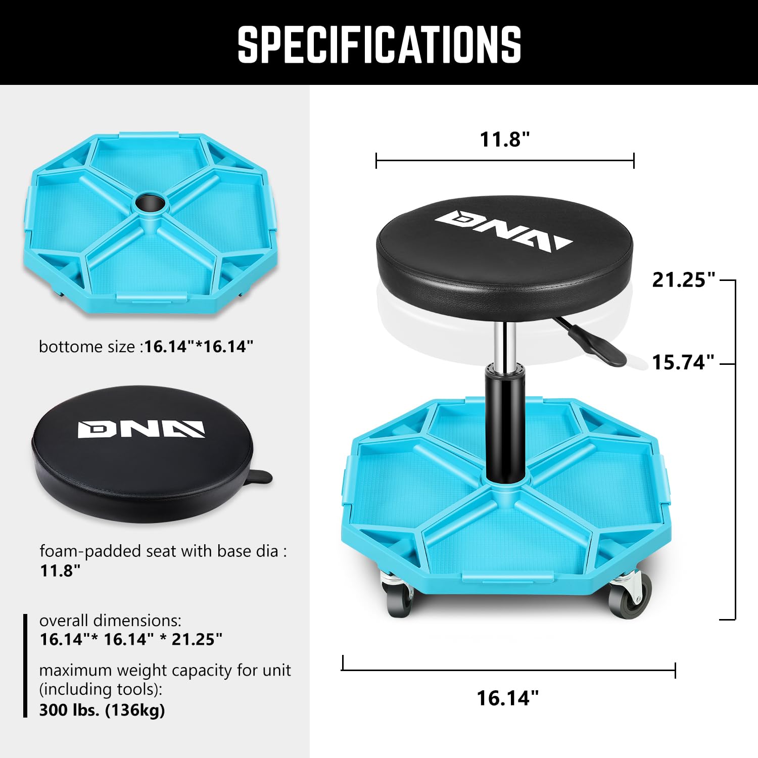 Dna Motoring Adjustable Height Pneumatic Garage Seat Rolling Mechanic Stool With Tool Tray Storage,300Lbs Max Weight Capacity, B