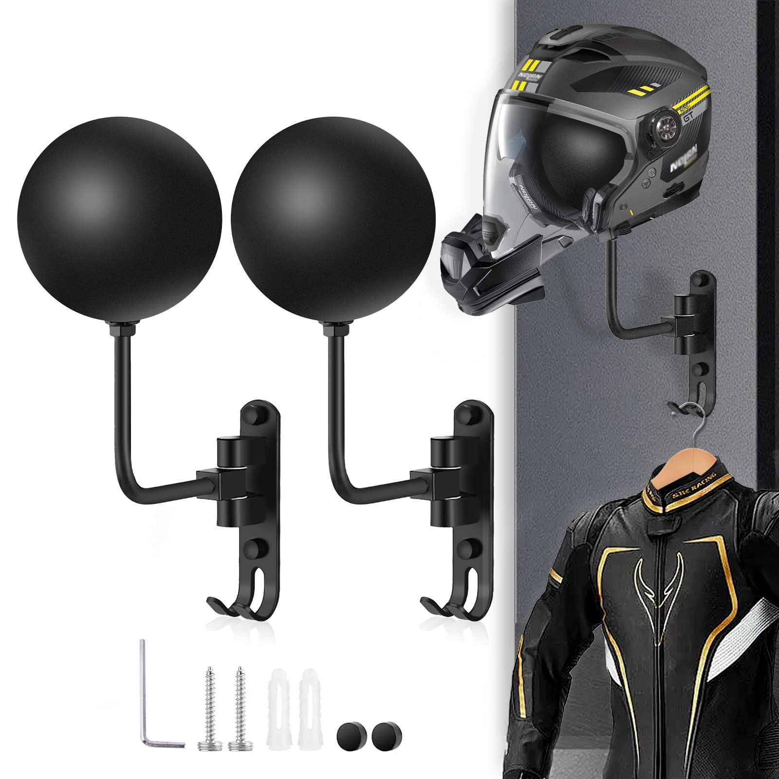 Kikerike Motorcycle Helmet Rack Wall Mount - 180° Rotation Metal Holder, Black, 2 Pcs, Ideal for Bike, Baseball & Rugby Helmets
