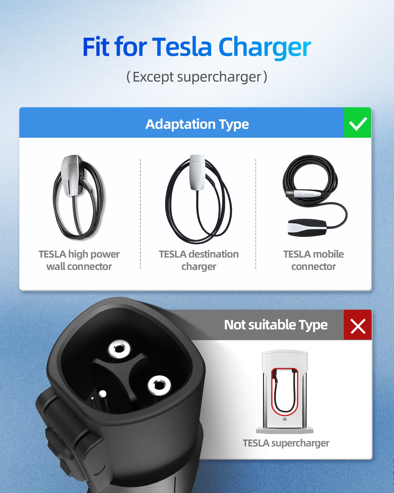 ShockFlo J1772 EV Adapter for Tesla, 48A 250V, Anti-Drop Lock, Black