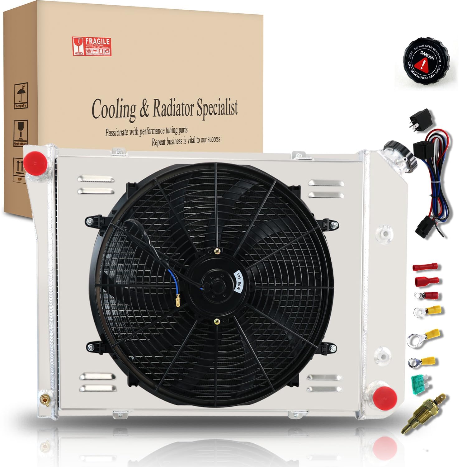 HonorPower 3 Row Core Radiator + 16'' Fan W/Shroud and Relay for 1968-1988 Chevy Camaro Chevelle El Camino Monte Carlo Caprice I