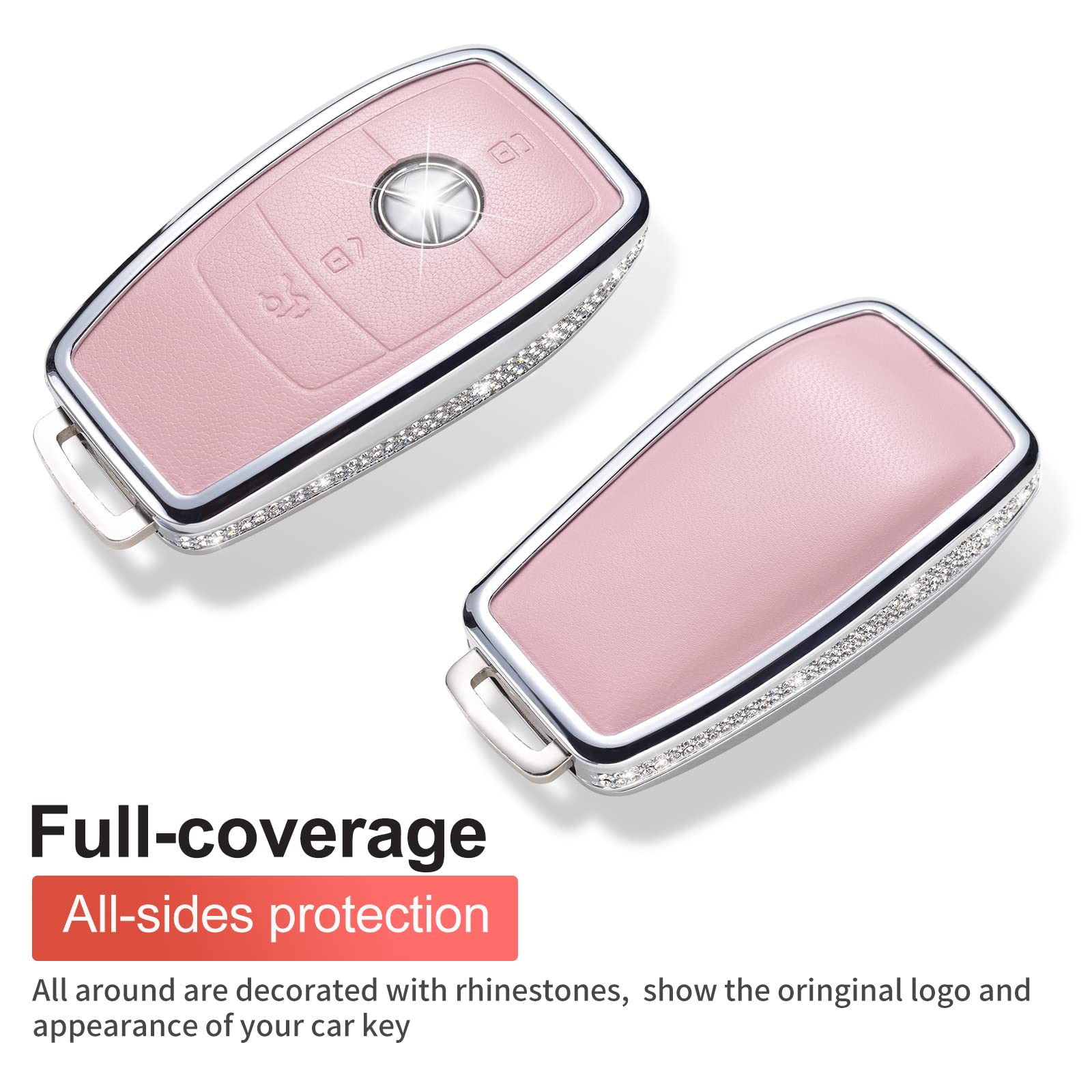 Ruabiban For Mercedes Benz Key Fob Cover With Keychain, Pink Genuine Leather Crystal Key Case Protection Shell Compatible With M