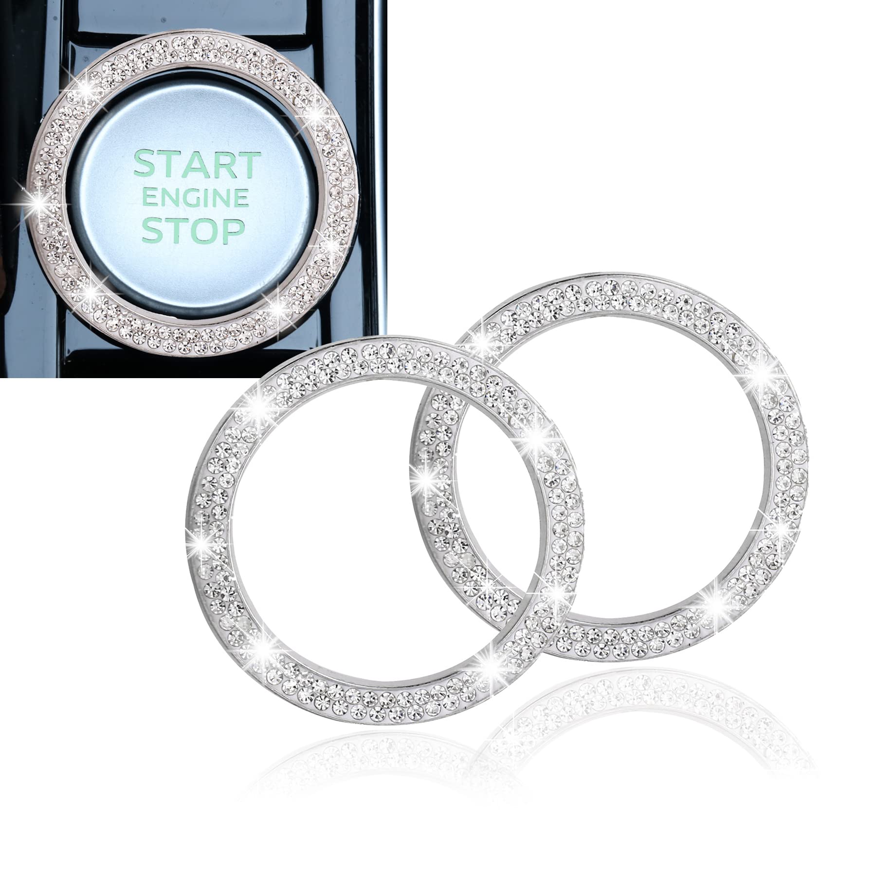Livtee 2 Pcs Crystal Double Rhinestone Car Engine Start Stop Decoration Ring, Bling Car Interior Accessories For Women, Push To