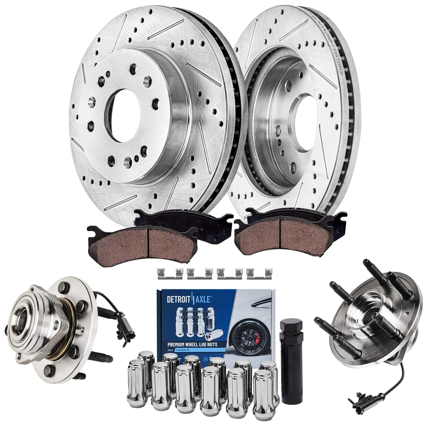 Detroit Axle - 4WD Front Brake Kit for Silverado Suburban Yukon XL 1500 Avalanche Escalade Drilled Slotted Brake Rotors Ceramic 