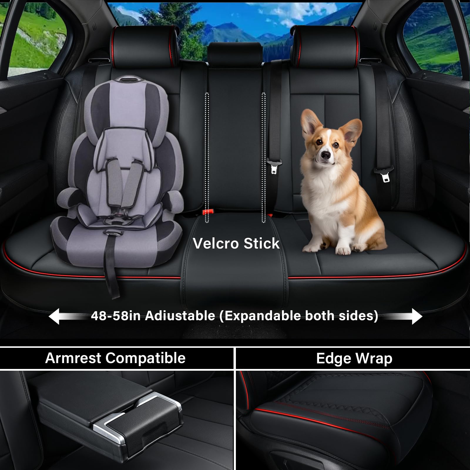 Coverado Car Seat Cover Full Set, Red Seat Covers Front Seats Back Seat Covers, Nappa Leather Waterproof, Car Seat Cushion, Car