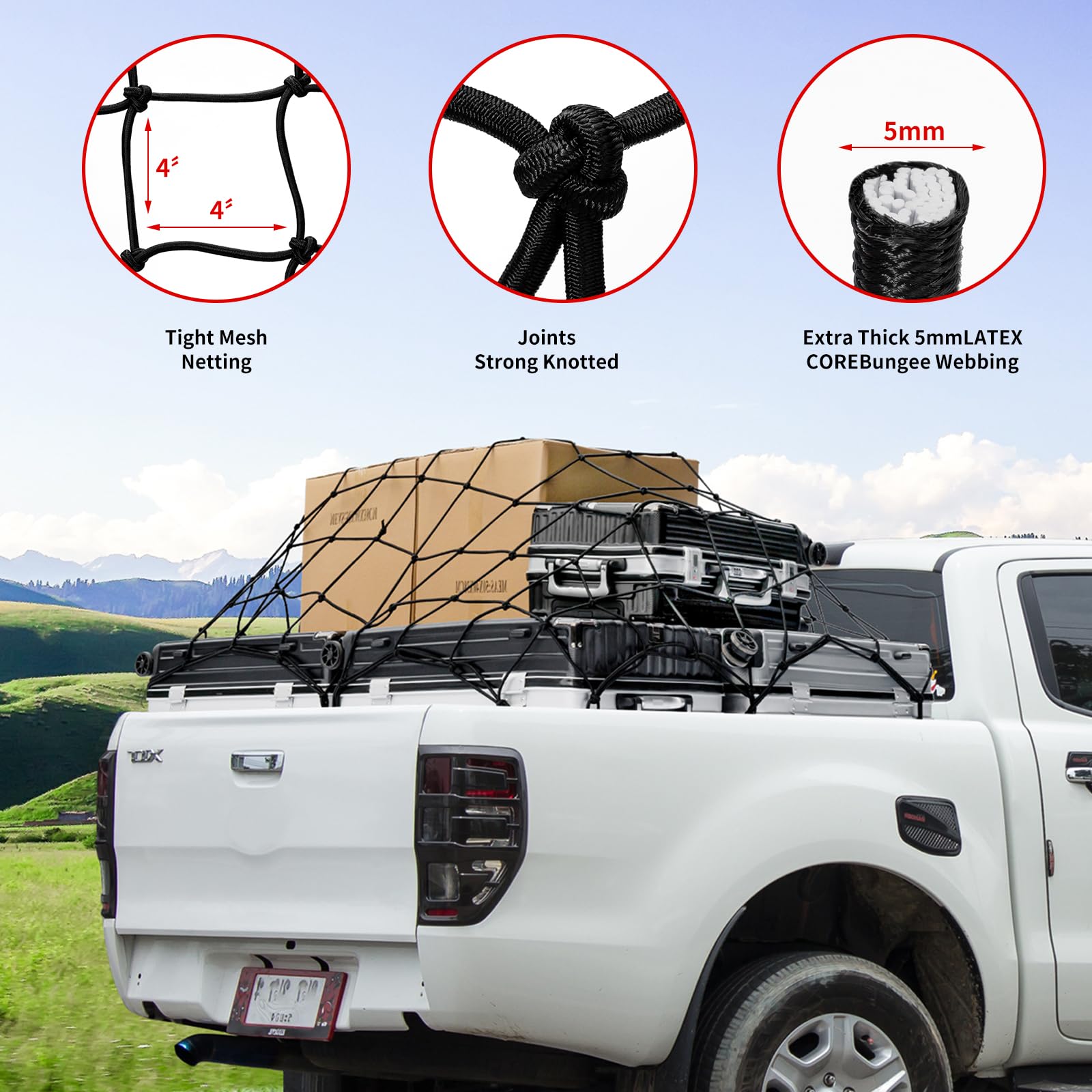 Heavy Duty Cargo Net For Pickup Truck Bed - Stretches From 5' X 7' To 15' X 21' - 12 Metal Carabiners - Compatible With Ford, Dodge Ram, Chevy, Toyota - Ideal For (Black, 5X7 Feet)