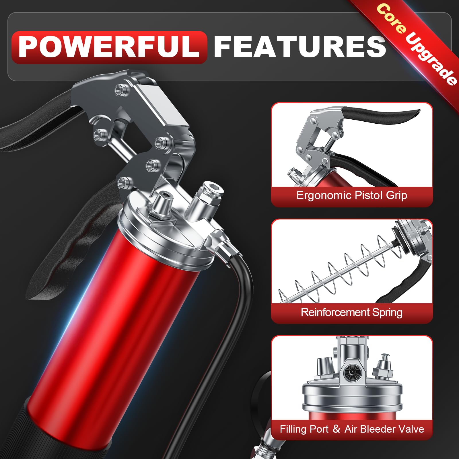 Fantictas Grease Gun Kit, 8000 Psi Heavy Duty Pistol Grip Grease Gun With Quick Locking Coupler, Spring Flex Hose, 14Oz Load, 2
