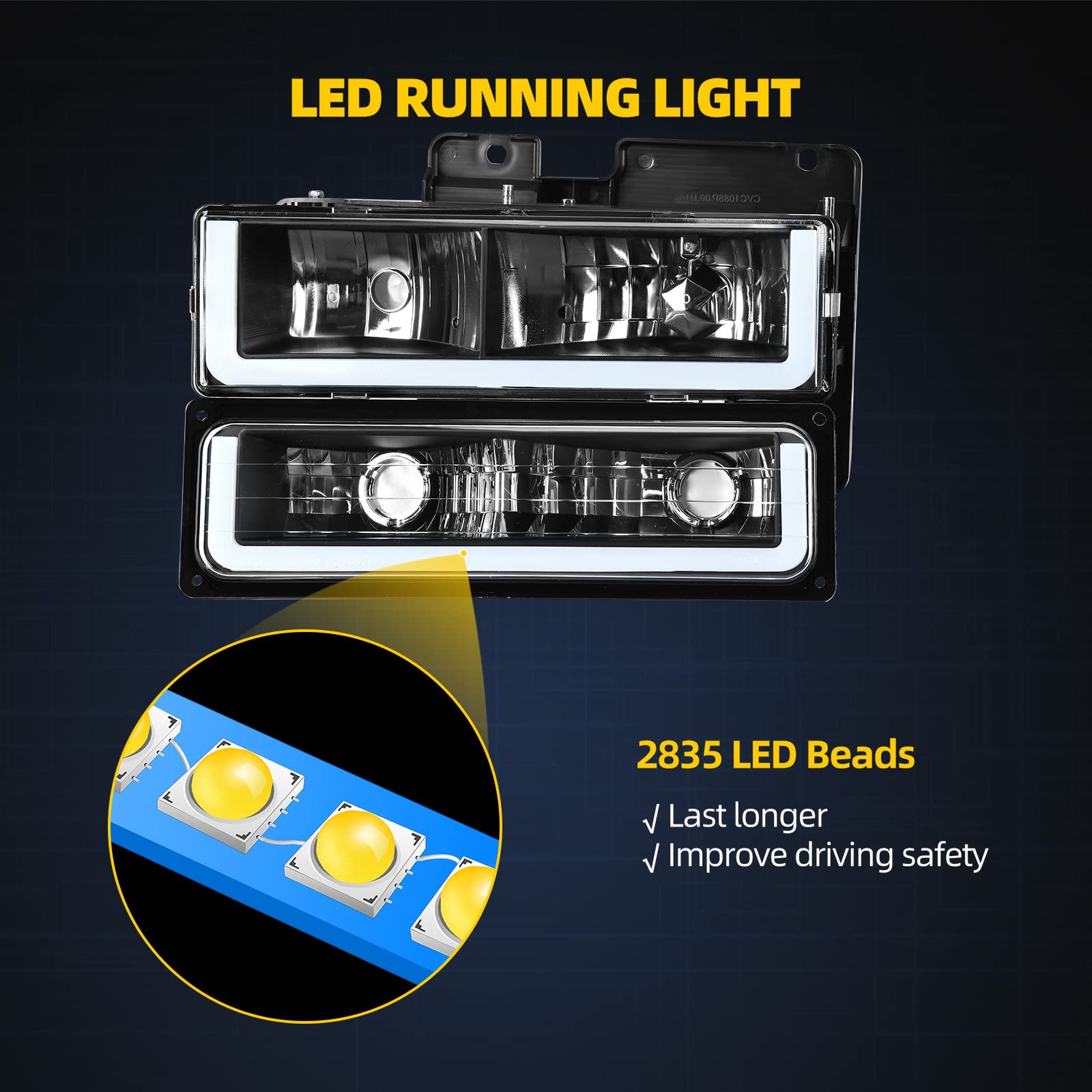 DWVO LED Headlights Assembly for 1994-1999 Chevy Silverado Tahoe Suburban, Black Housing with Corner Lights, Model D-CTLAHL-2010+2044+1120