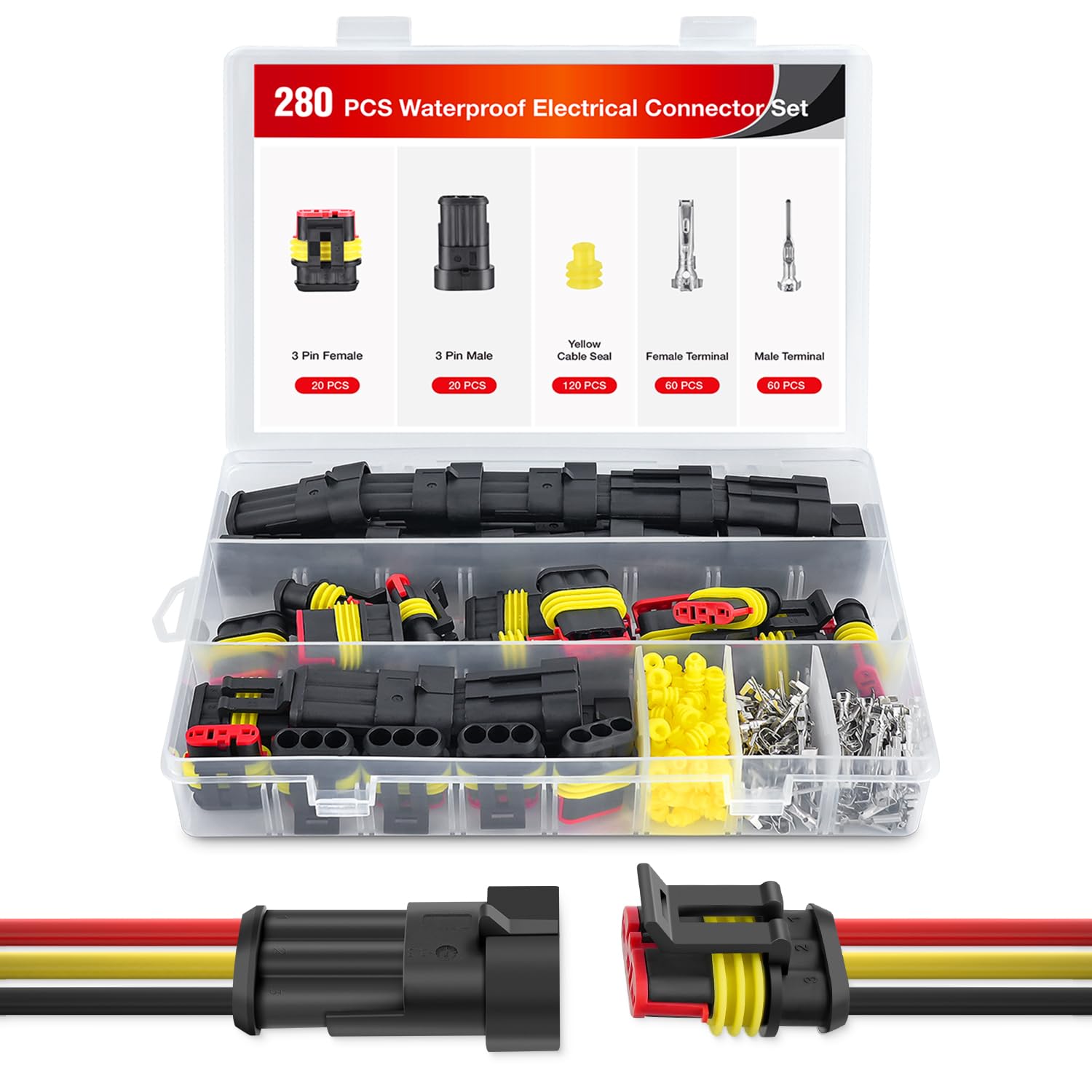 Nilight 280Pcs 3 Pin Electrical Connector Plug Male Female Terminal Wire Waterproof Connectors 3 Way Automotive Connect Set For
