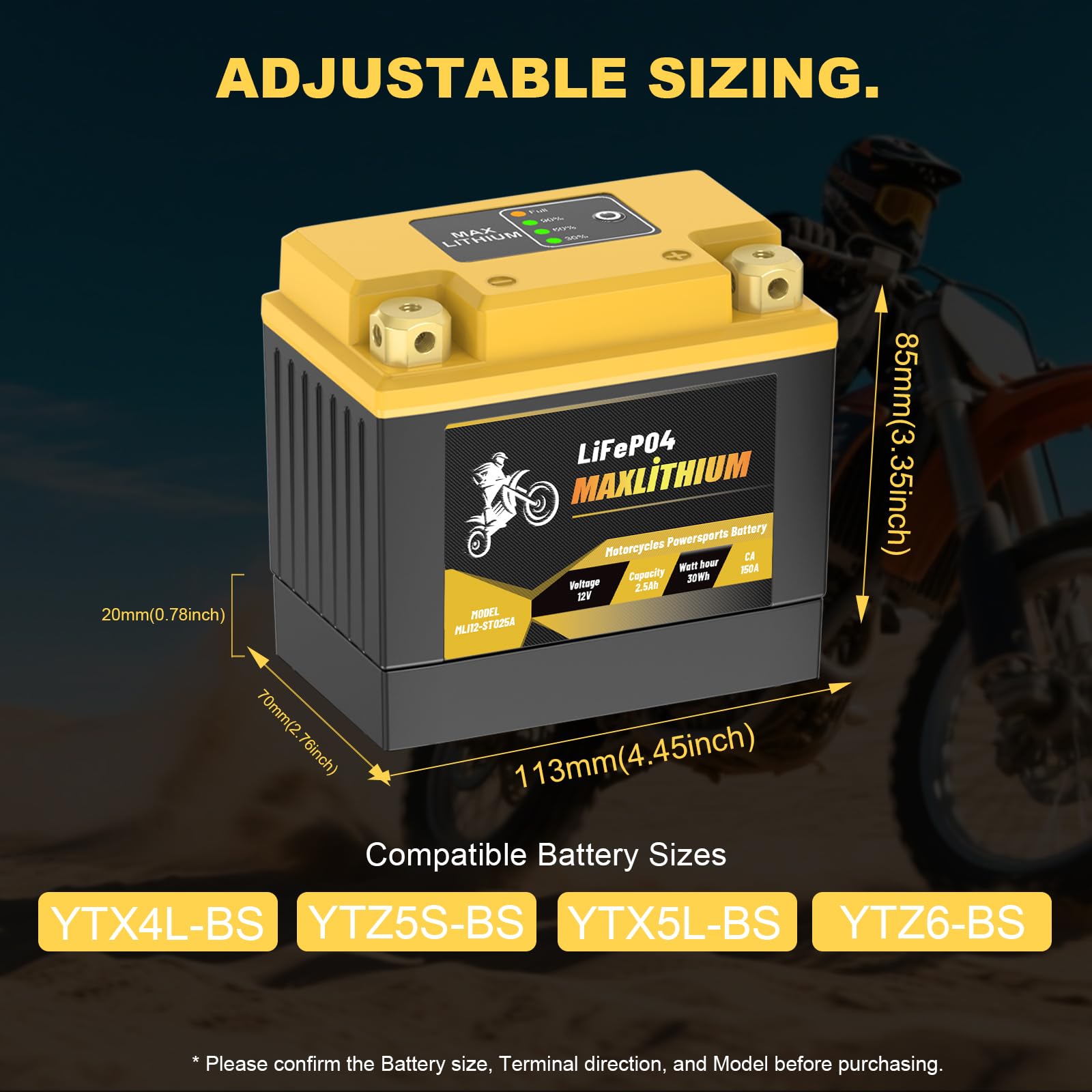 Maxlithium 2.5Ah 210CA Lithium Motorcycle Battery - Replacement for YTX4L-BS/YTX5L-BS/YTZ6-BS/YTX7L-BS