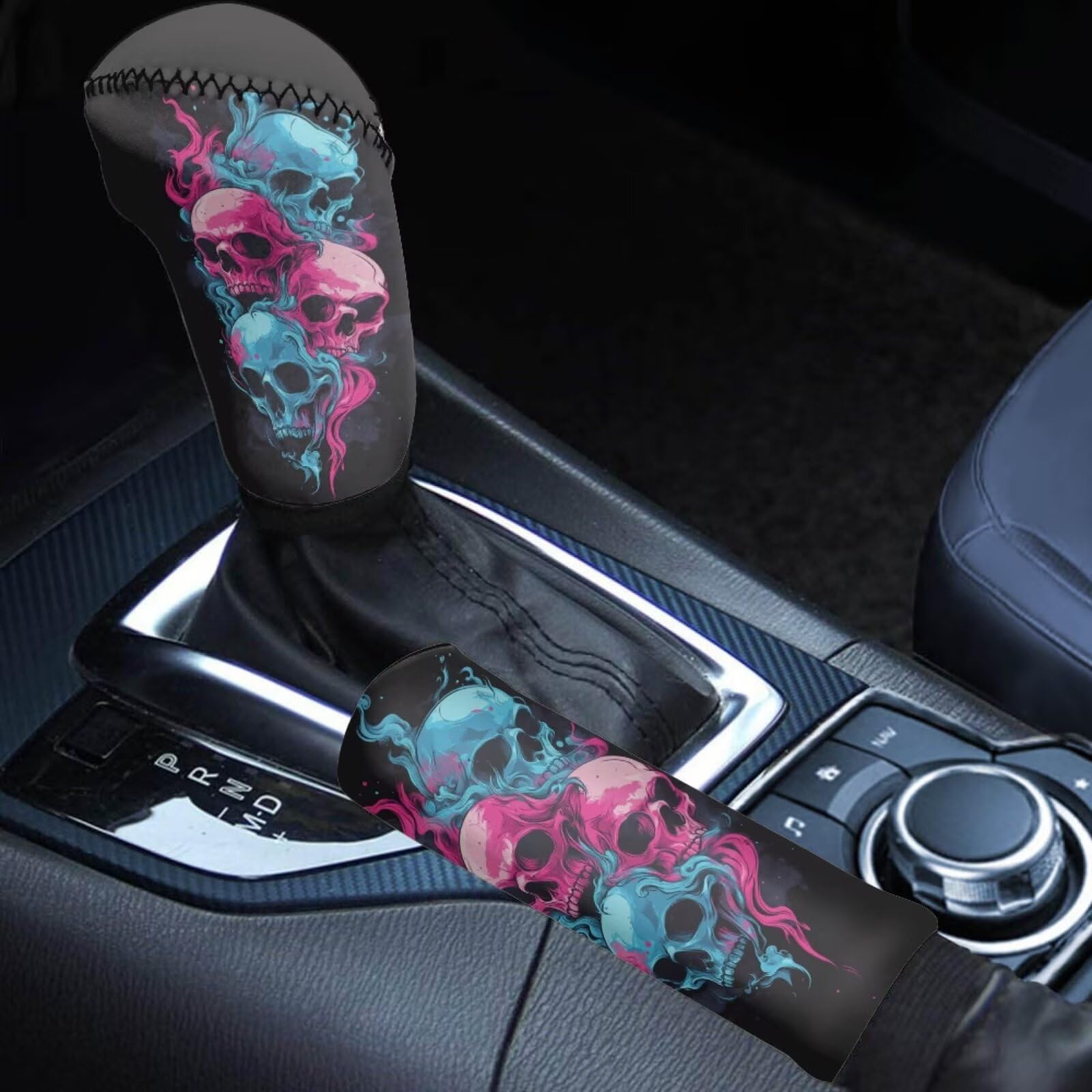 STUOARTE 2 Pieces Skull Printed Car Handbrake Cover and Gear Shift Cover Sets for Women Men, Soft Elastic Car Handbrake Cover wi