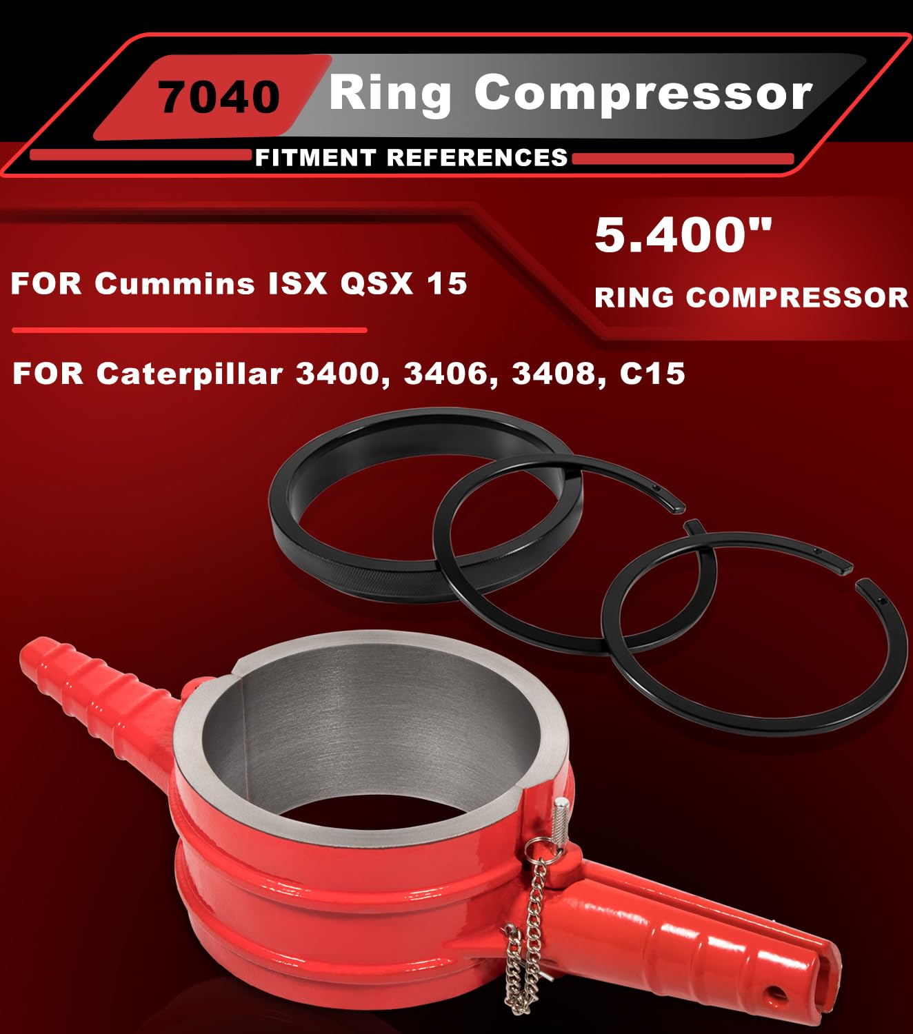 Camoo Piston Ring Compressor Tool Kit for Cummins ISX & Caterpillar C15, 5.4" Bore, Red, Model HSH-403, Includes Adapter & Anti-Polishing
