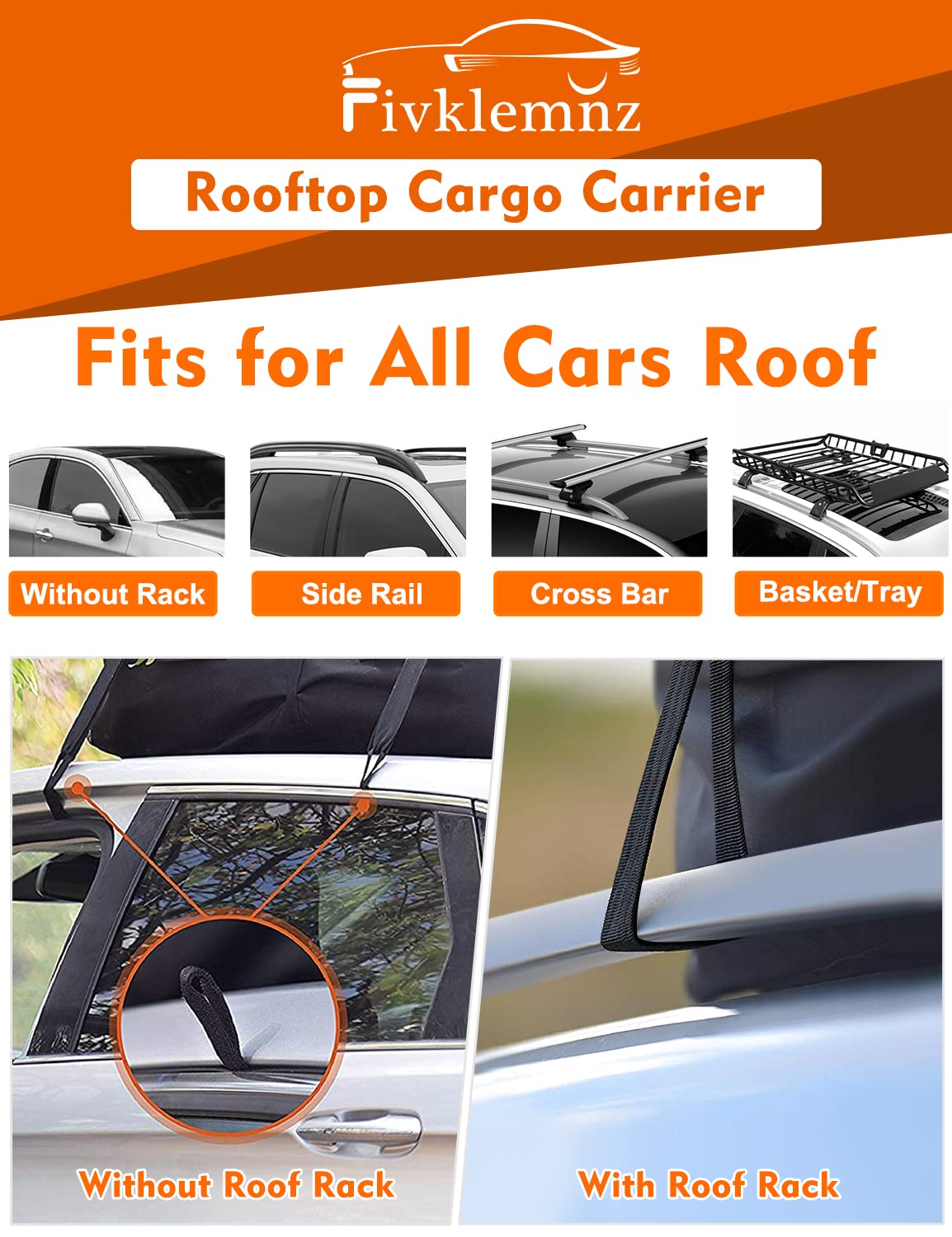 FIVKLEMNZ Rooftop Cargo Carrier, 15 Cubic Feet, Waterproof PVC, Classic Version, Includes Anti-Slip Mat & Straps, All Vehicle Compatibility