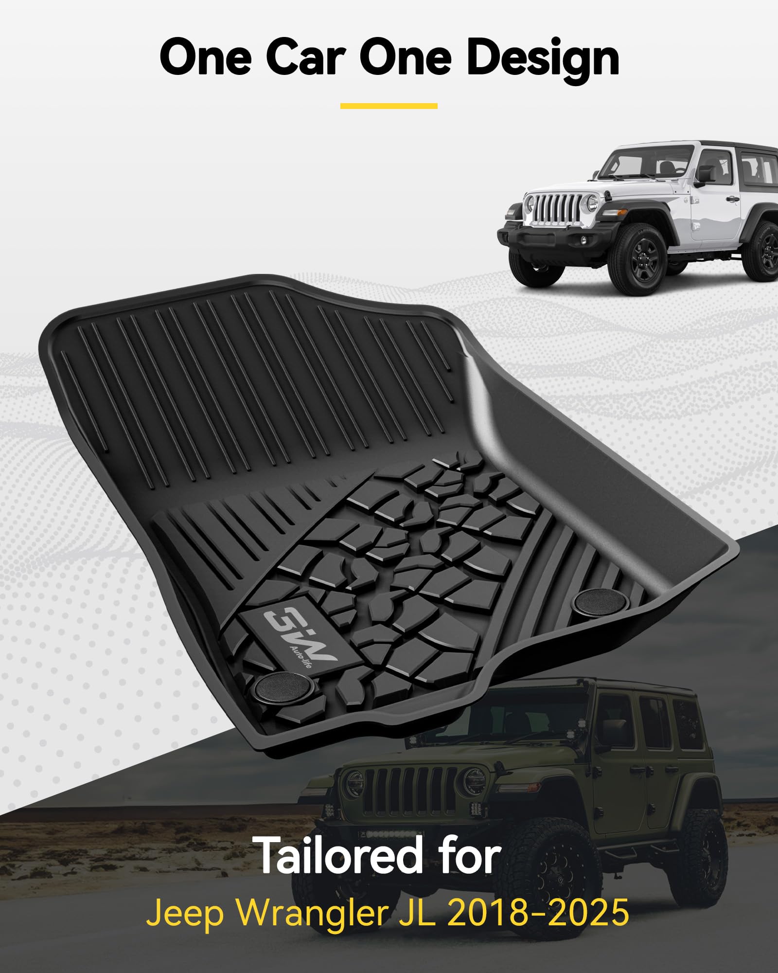 3W Floor Mats&Cargo Liner Fit For Jeep Wrangler Jl 2018-2024 Unlimited 4-Door Without Subwoofer (Non Jk Or 4Xe) All-Weather Tpe