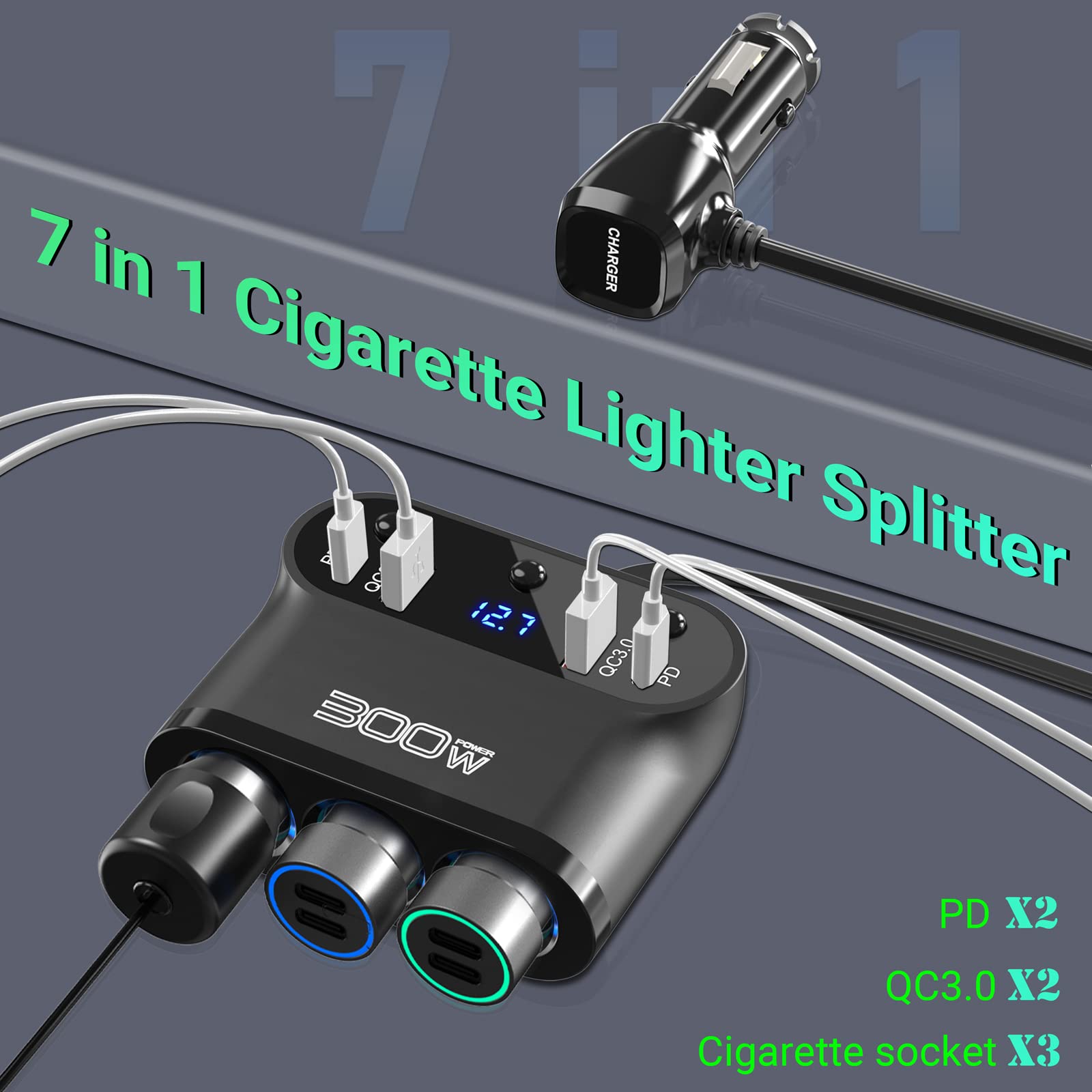 Ouffun 7 in 1 Cigarette Lighter Adapter, 300W 3 Socket Car Charger with Dual PD USB C 30W, QC3.0 18W, LED Voltage