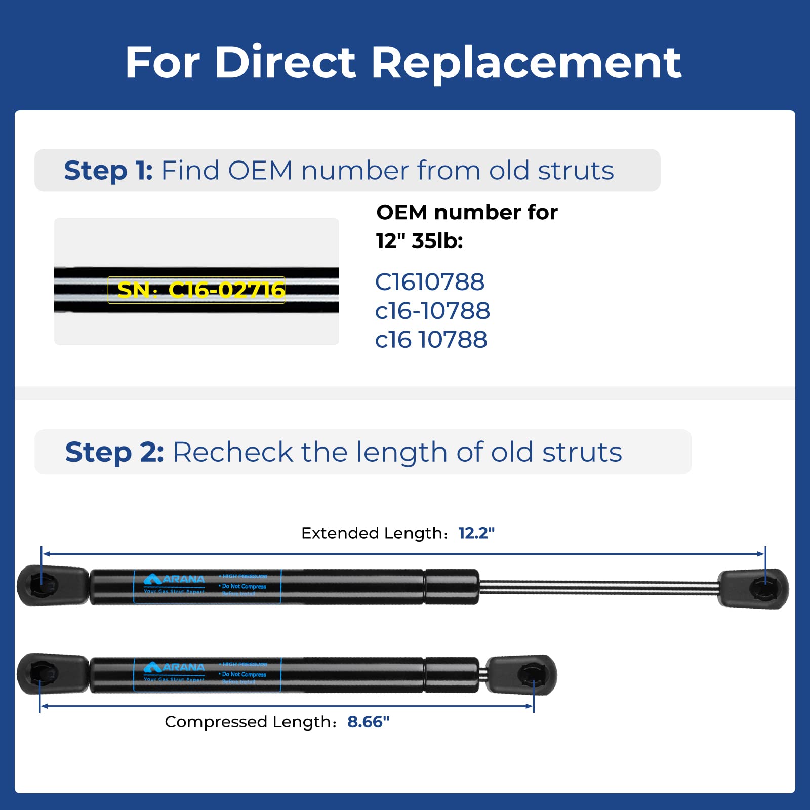 Arana C16-10788 12 Inch 35Lb Gas Struts Spring Shocks C1610788 12 '' 35 Pound Lift Support For Truck Toolbox A.R.E. Camper Shell