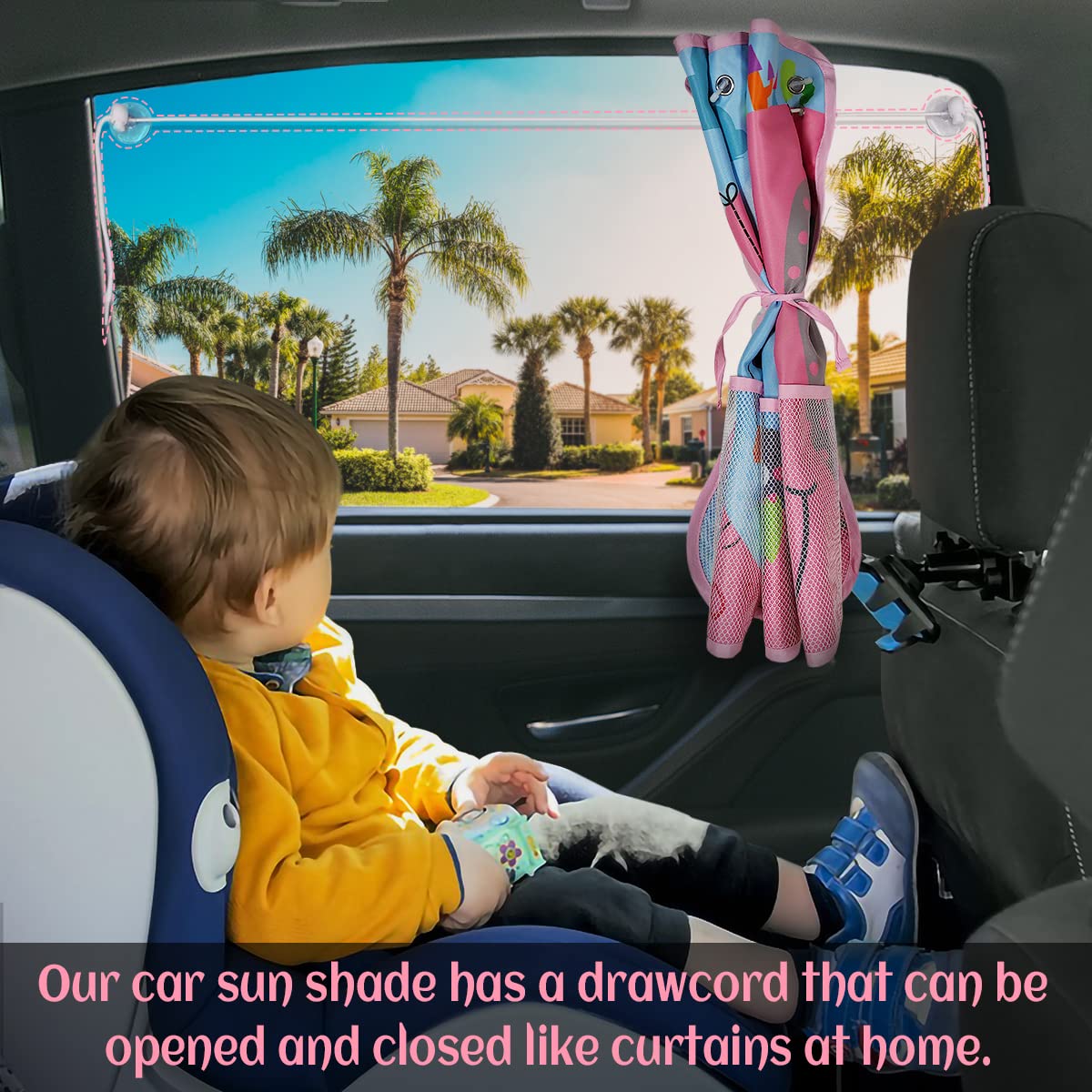 Diza100 Car Sun Shade For Window Baby, 2 Pack Full Shade Window Shades With Storage Net Pocket, 7 Suction Cups, Cute Elephant Fo