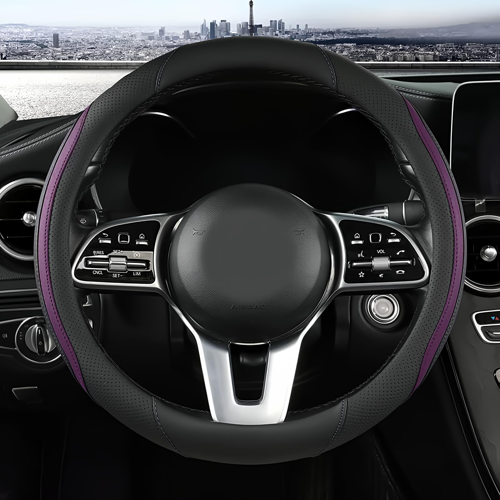 Car Steering Wheel Cover, Leather Steering Wheel Cover Purple Universal 14.5-15 Inch Microfiber Leather Anti-Slip Breathable Aut