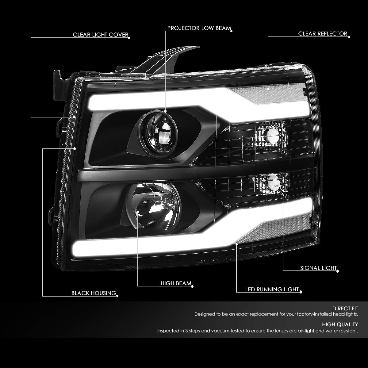 Dna Motoring Hl-Hpl-Csil07-G3-Bk-Am Led Drl + Sequential Chasing Turn Signal Projector Headlight Lamp Set, Black/Amber