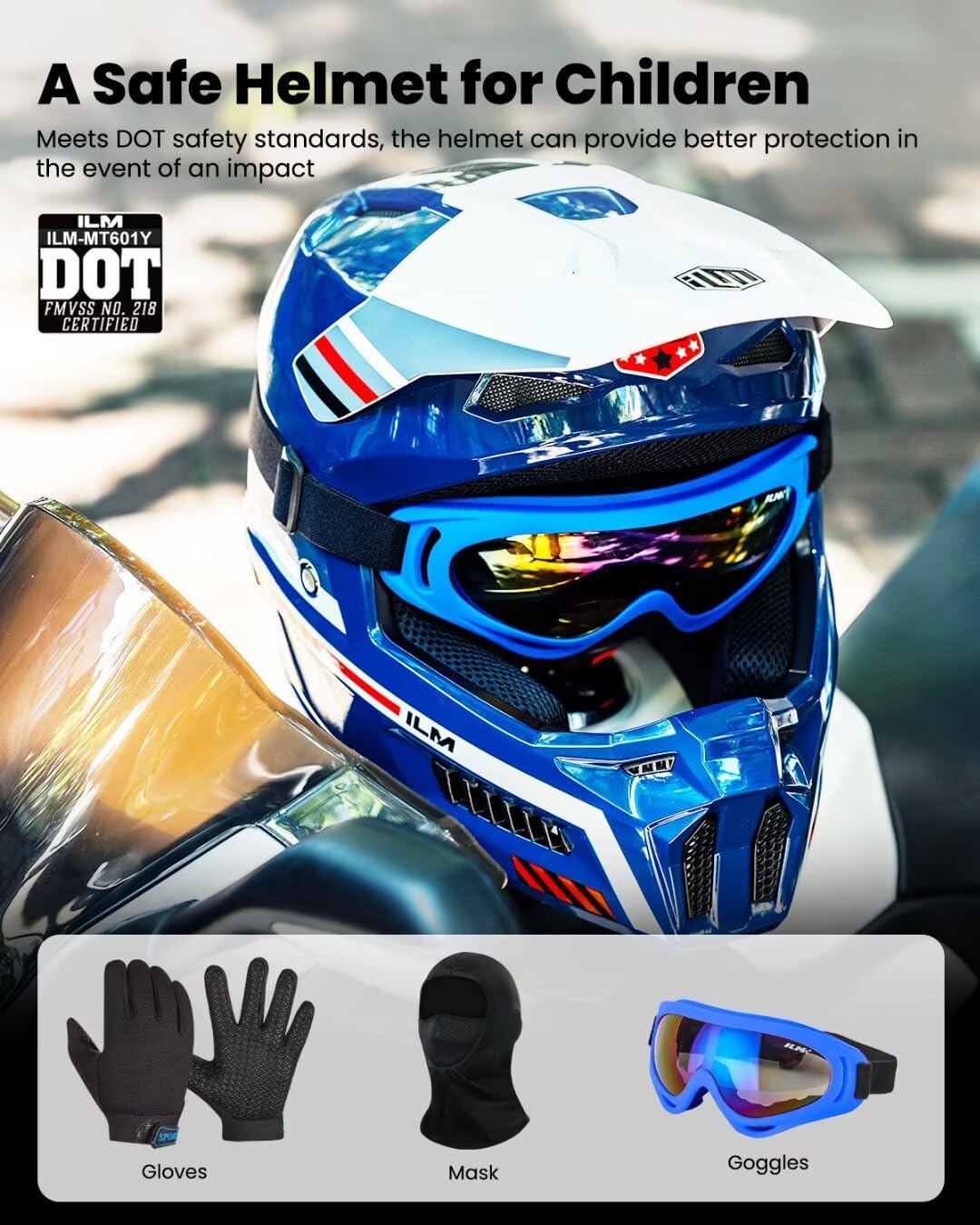 ILM Youth Dirt Bike Helmets Kids ATV Helmet Motorcross BMX Off Road Motorbike with Goggles Gloves Mask DOT Model MT601Y (Spacewa