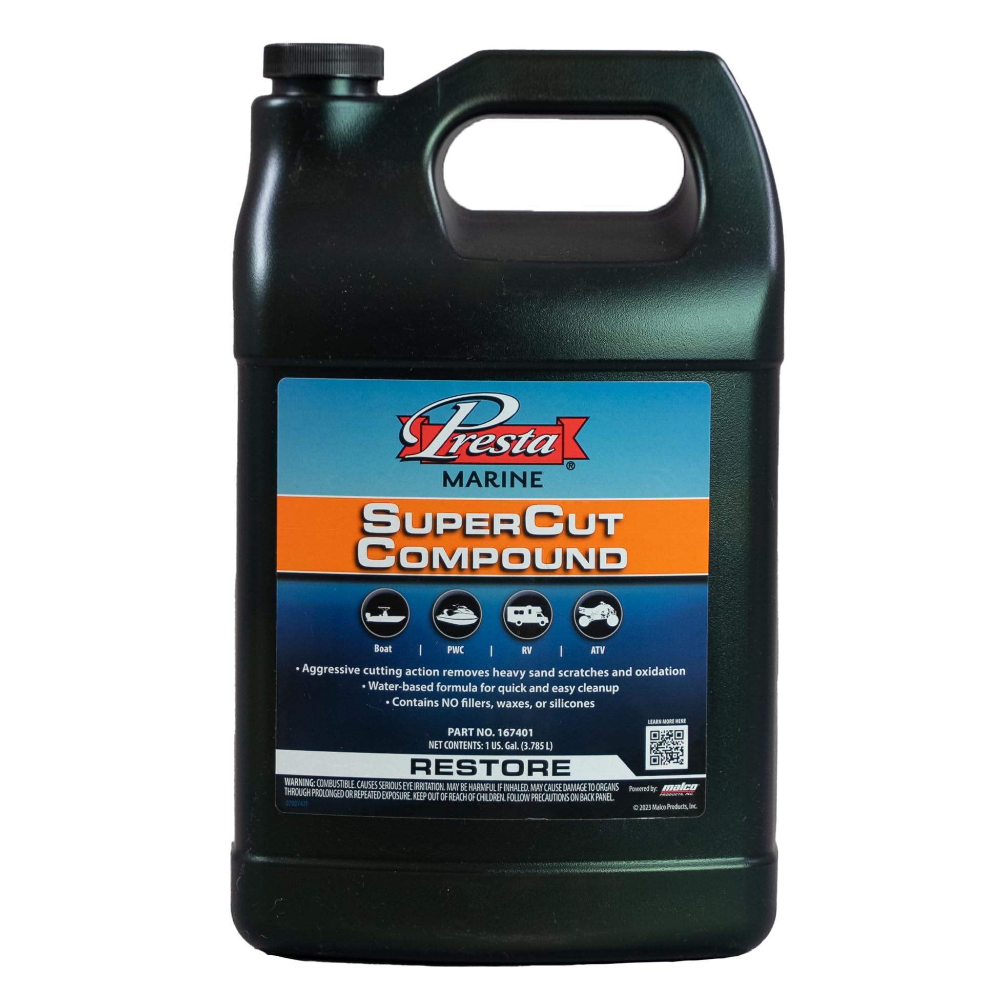 Presta SuperCut Compound - Water-Based, VOC Compliant, 1 Gallon, Removes P800 Grit Scratches, Heavy Oxidation, Black, Model 167401