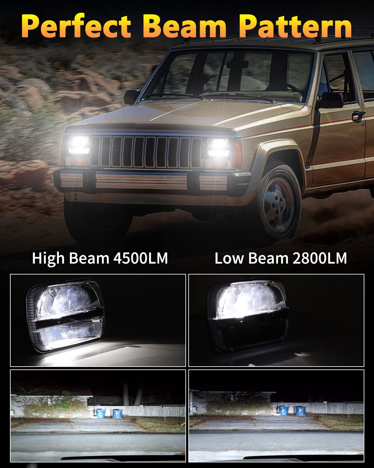 BICYACO 105W LED Headlight Pair, 5x7 Inches, High/Low Beam, Polycarbonate Lens, Black, Compatible with Jeep Wrangler YJ/XJ, Model 854208