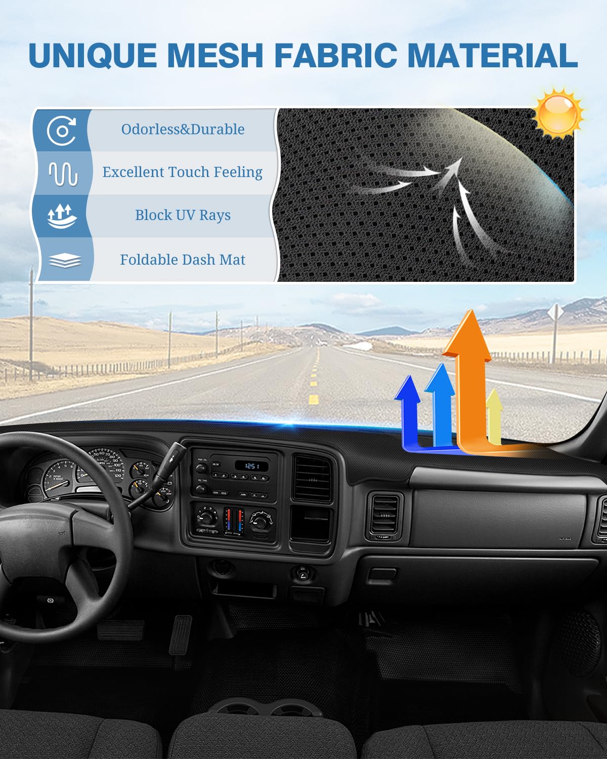 FIILINES Dash Cover for 1999-2006 GMC Sierra/Silverado & Yukon XL, Breathable Mesh Mat, Black, Model FII00025
