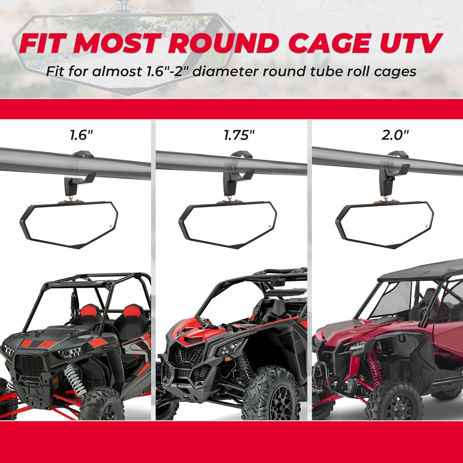 KEMIMOTO UTV Rear View Mirror, SXS Center Mirror Fits for 1.6''-2'' Roll Bar Cages Compatible with Polaris RZR, Can-Am X3, Can-A
