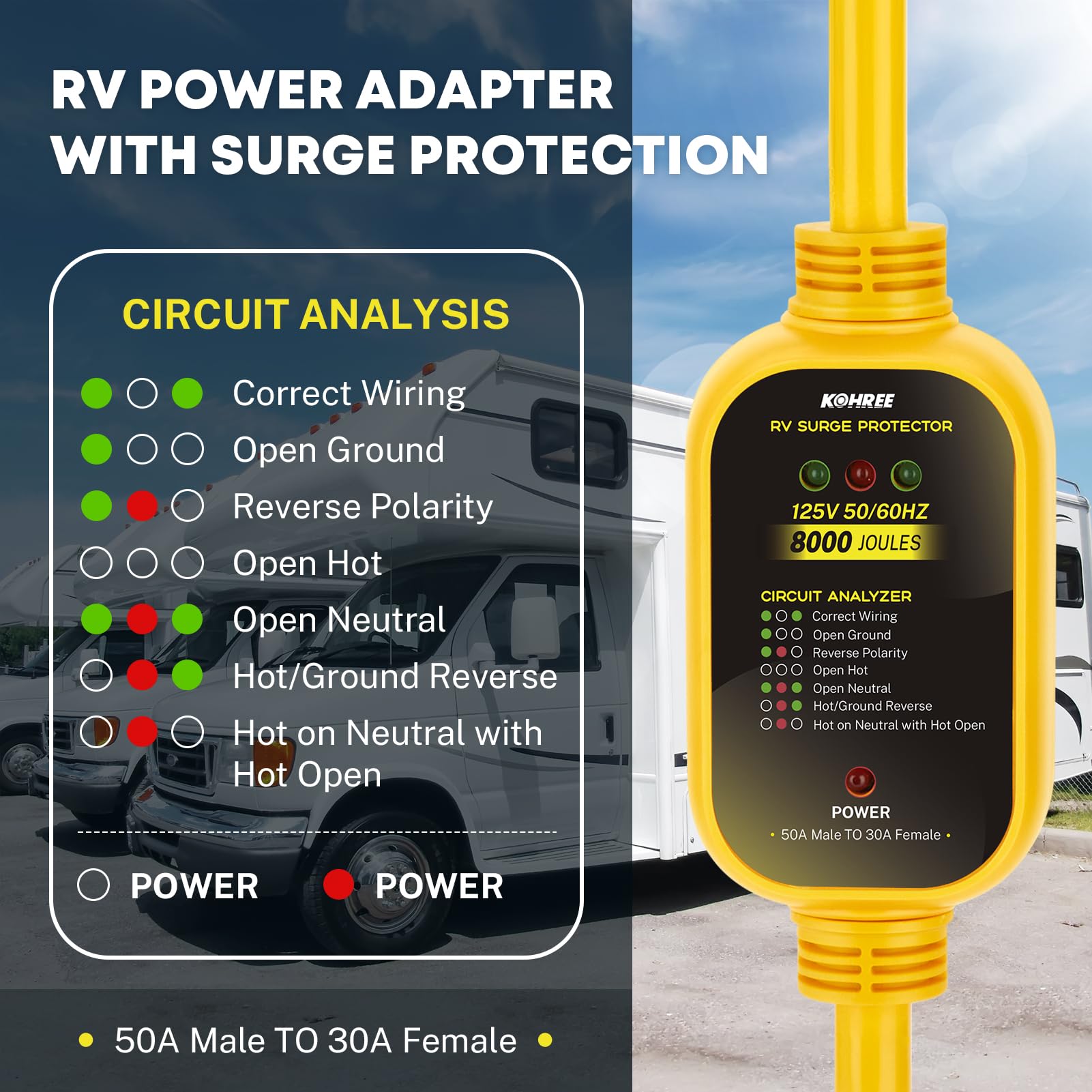 Kohree 50 Amp To 30 Amp Rv Adapter With Surge Protection, 8000 Joules With 30 Amp To 50 Amp Adapter Plug, Circuit Analyzer Surge