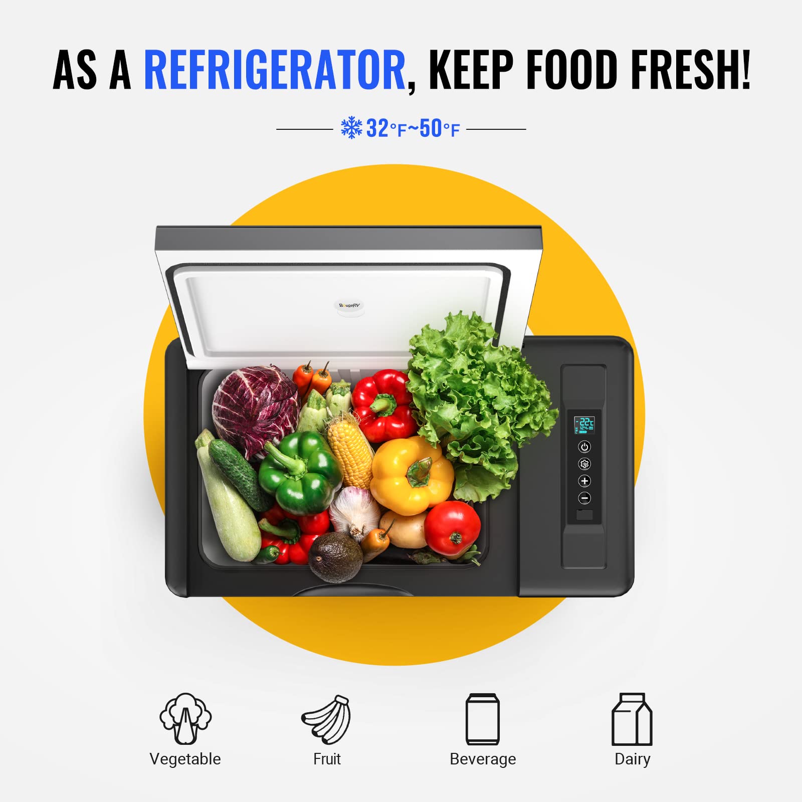 BougeRV 12V Car Refrigerator 23 Quart Portable Freezer Cooler -7℉ to 50℉ Black Model CR22 for RV, Truck, Boat, Camping