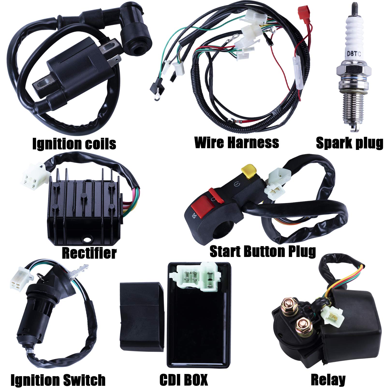 Complete Electrics Wiring Harness CDI Ignition Coil Solenoid Relay Spark Plug Kits for Chinese 4-Stroke ATV Quad Dirt Bike 150cc
