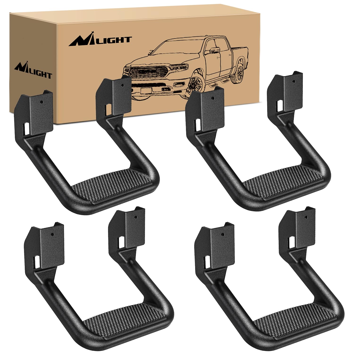 Nilight Universal Side Step Slip-Proof Aluminum Side Hoop Steps Nerf Bars Assembly Black 4 Pcs For Chevy (Chevrolet) Ford Toyota