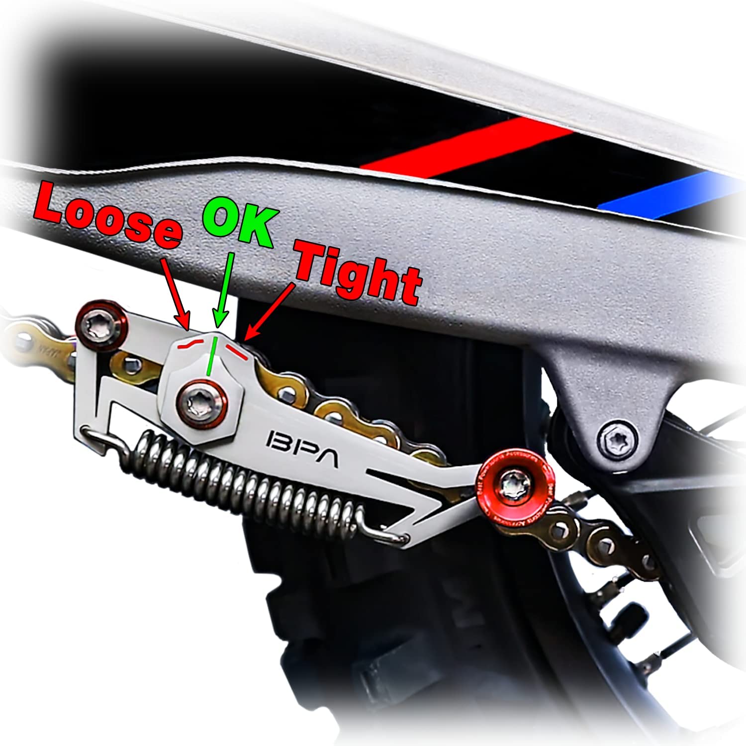 BPA-RACING Motorcycle Chain Slack Adjuster Tool - Stainless Steel, Red, Model BPA_SLACK for Quick & Precise Chain Tensioning