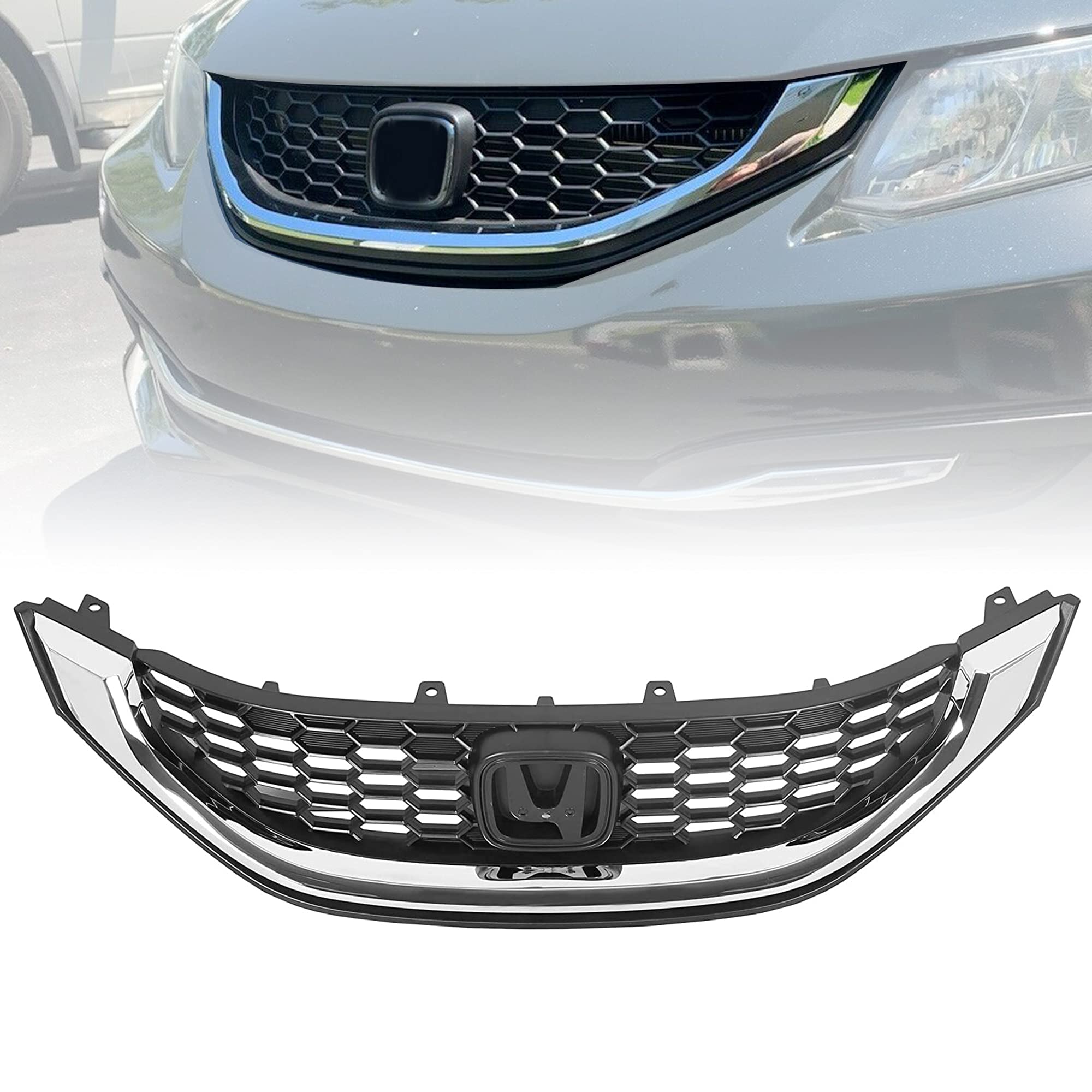 ECOTRIC Front Grill for 2013-2015 Honda Civic Sedan, Black Plastic, Model XM-003-Z1, Chrome Molding, HO1200216, HO1202109