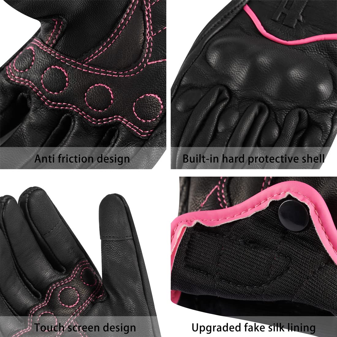 Harssidanzar Leather Motorcycle Gloves,Motorbike Gloves,Road Racing,Cycling,Climbing,Powersports Gloves Touchscreen Gl016,Pink/B